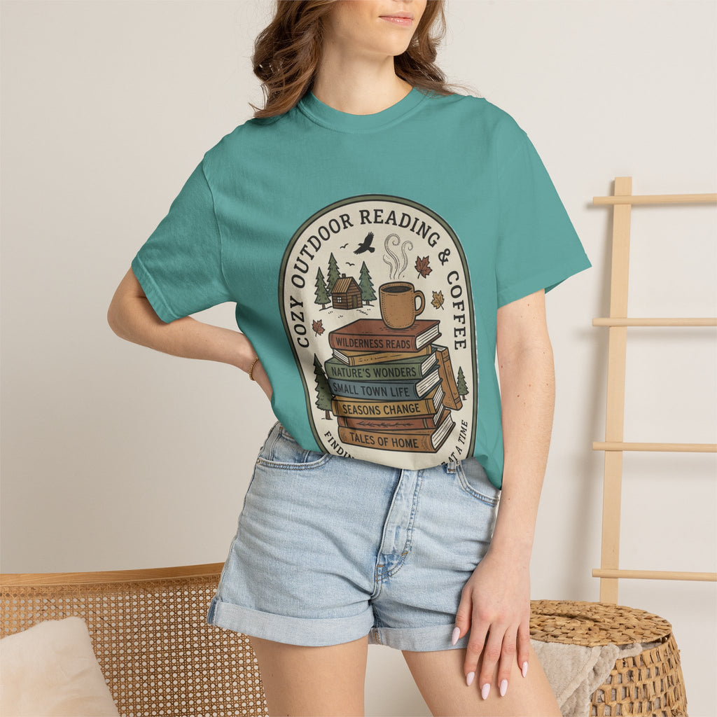 Cozy Outdoor Reading & Coffee T-Shirt — Stack of Books, Mug & Nature Badge