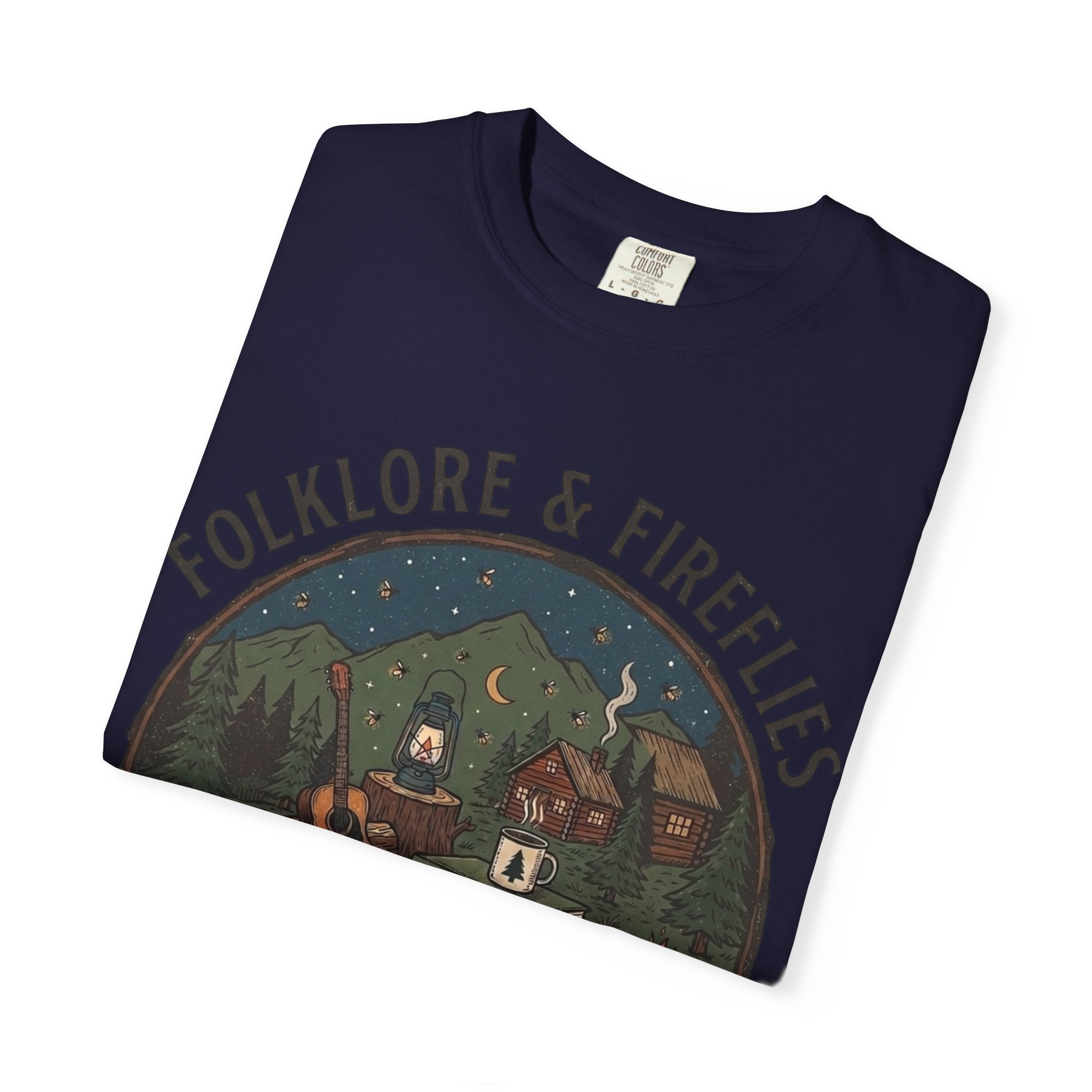Folklore & Fireflies Camping T-Shirt — Guitar, Campfire & Mountain Night Graphic