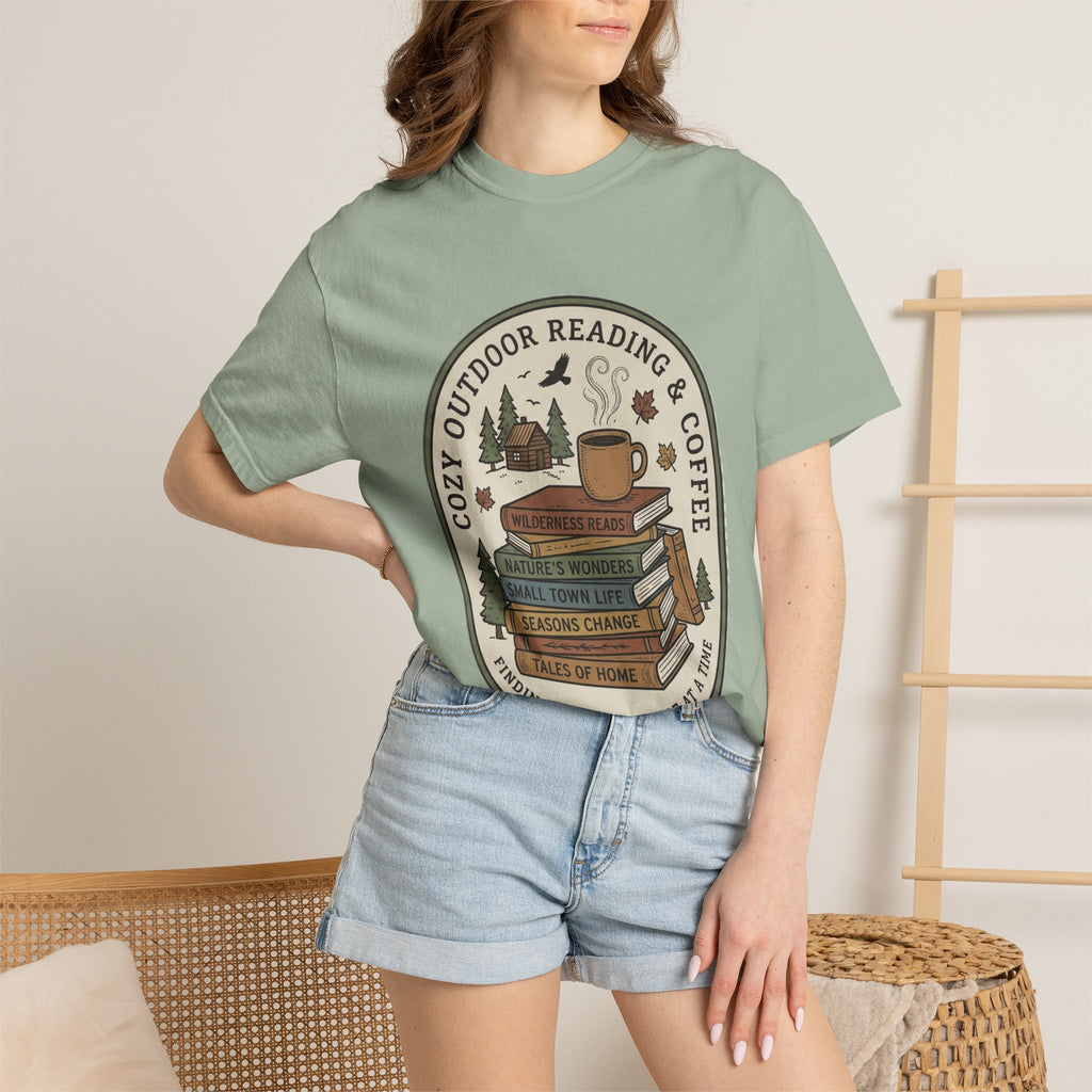 Cozy Outdoor Reading & Coffee T-Shirt — Stack of Books, Mug & Nature Badge