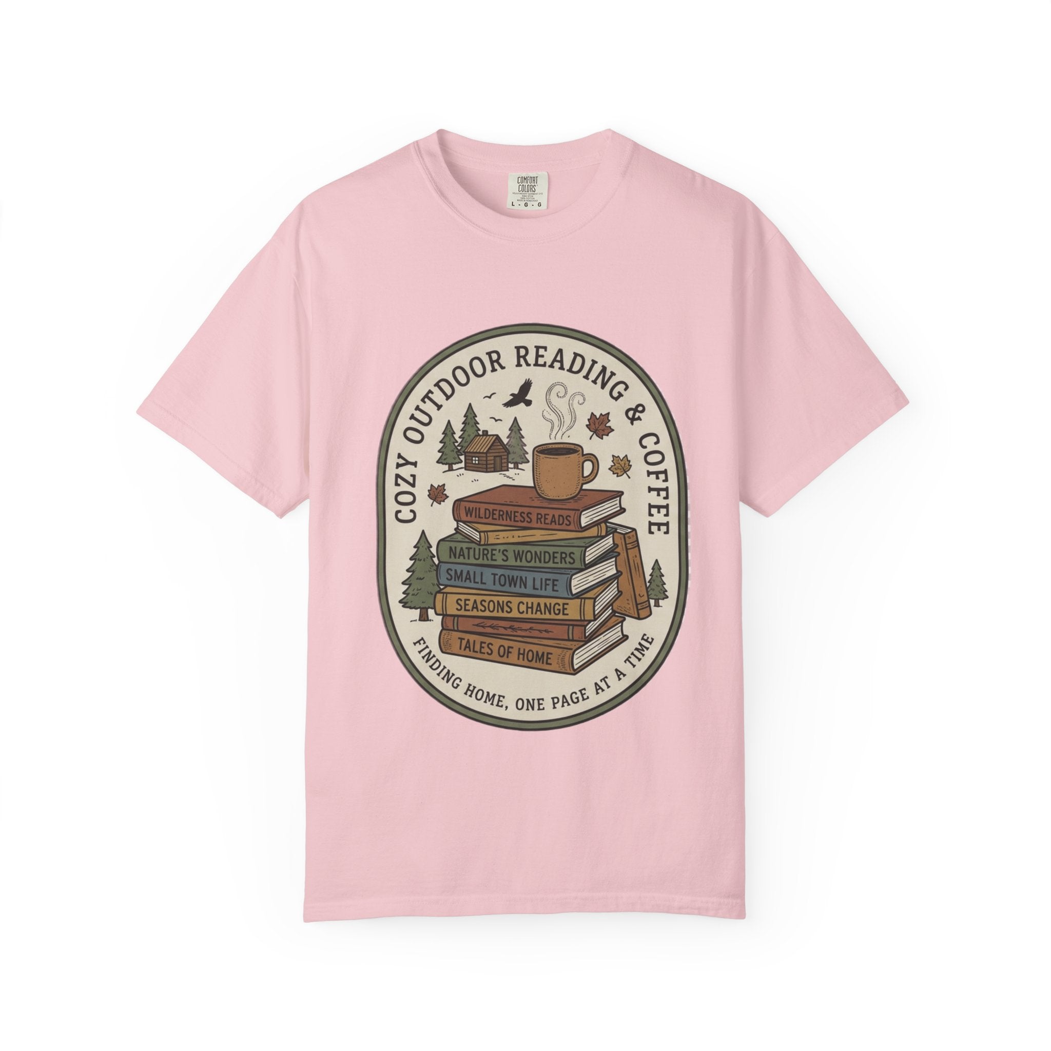 Cozy Outdoor Reading & Coffee T-Shirt — Stack of Books, Mug & Nature Badge