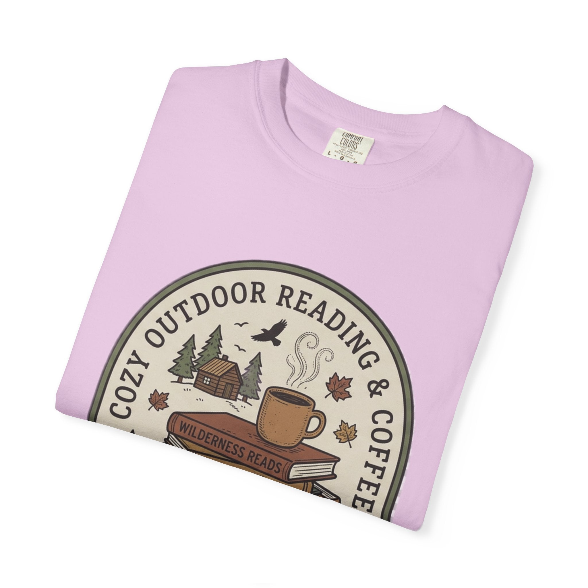 Cozy Outdoor Reading & Coffee T-Shirt — Stack of Books, Mug & Nature Badge
