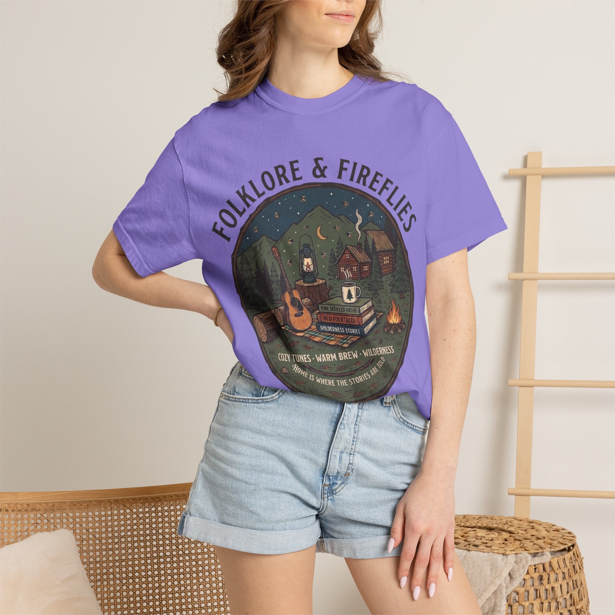Folklore & Fireflies Camping T-Shirt — Guitar, Campfire & Mountain Night Graphic
