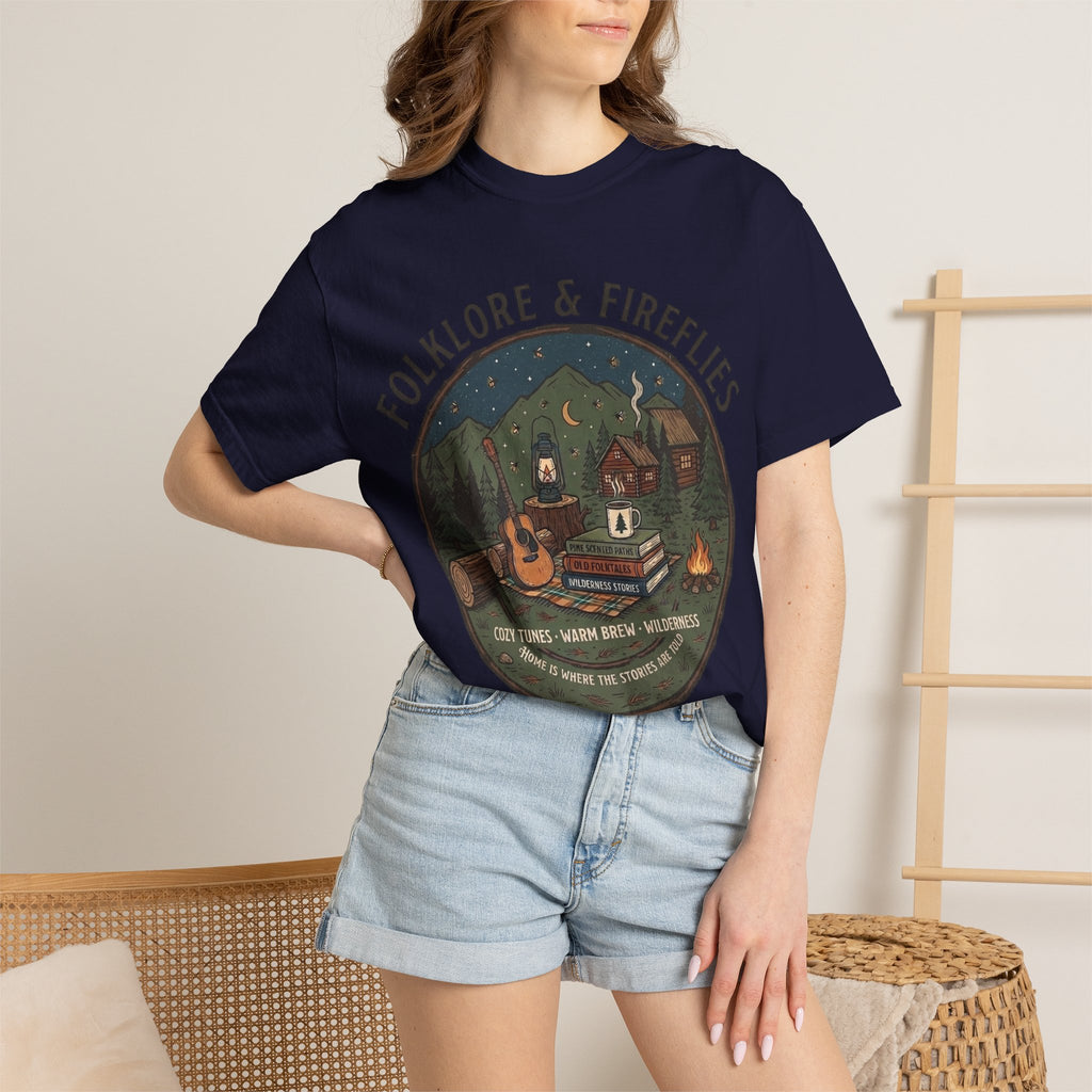 Folklore & Fireflies Camping T-Shirt — Guitar, Campfire & Mountain Night Graphic