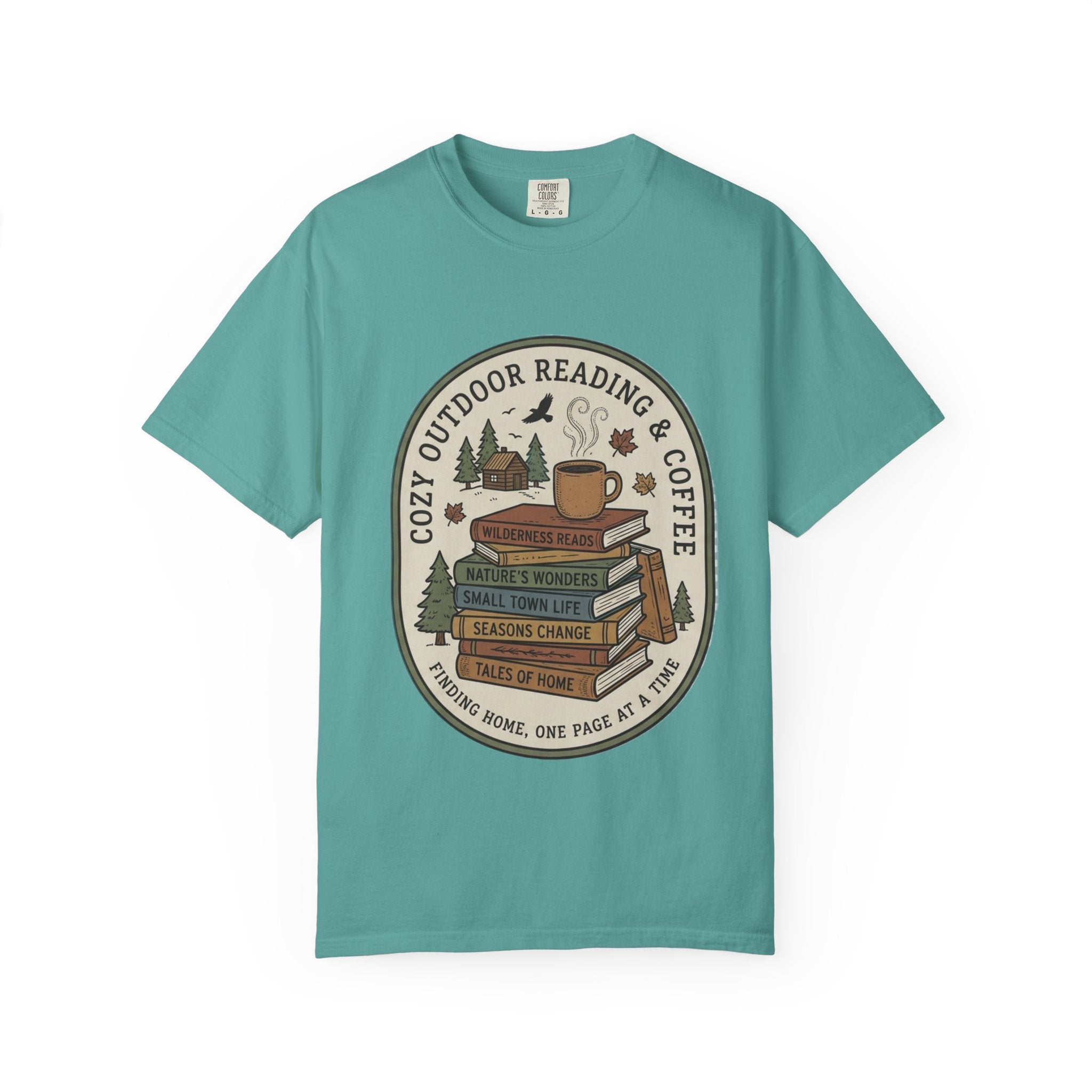 Cozy Outdoor Reading & Coffee T-Shirt — Stack of Books, Mug & Nature Badge