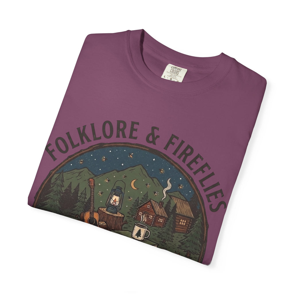 Folklore & Fireflies Camping T-Shirt — Guitar, Campfire & Mountain Night Graphic