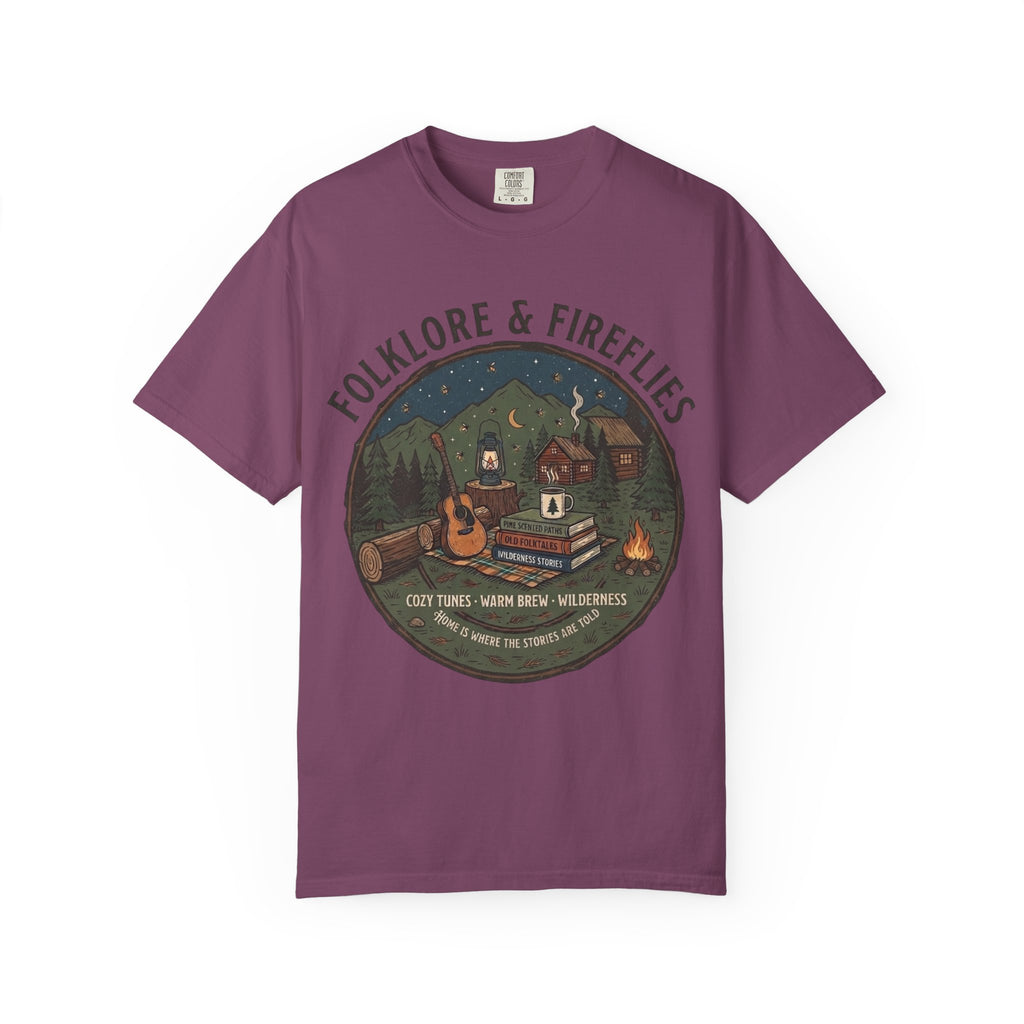 Folklore & Fireflies Camping T-Shirt — Guitar, Campfire & Mountain Night Graphic