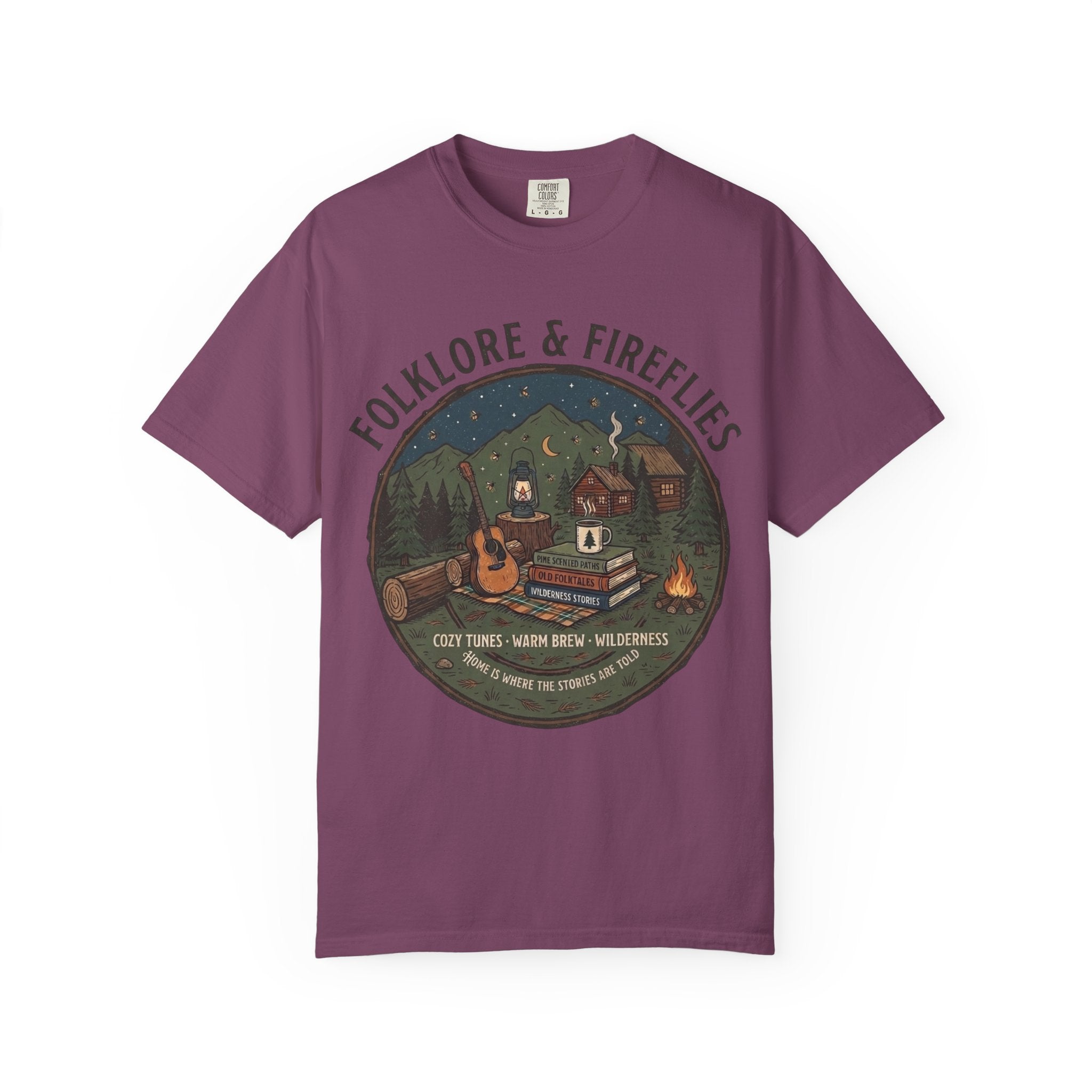 Folklore & Fireflies Camping T-Shirt — Guitar, Campfire & Mountain Night Graphic