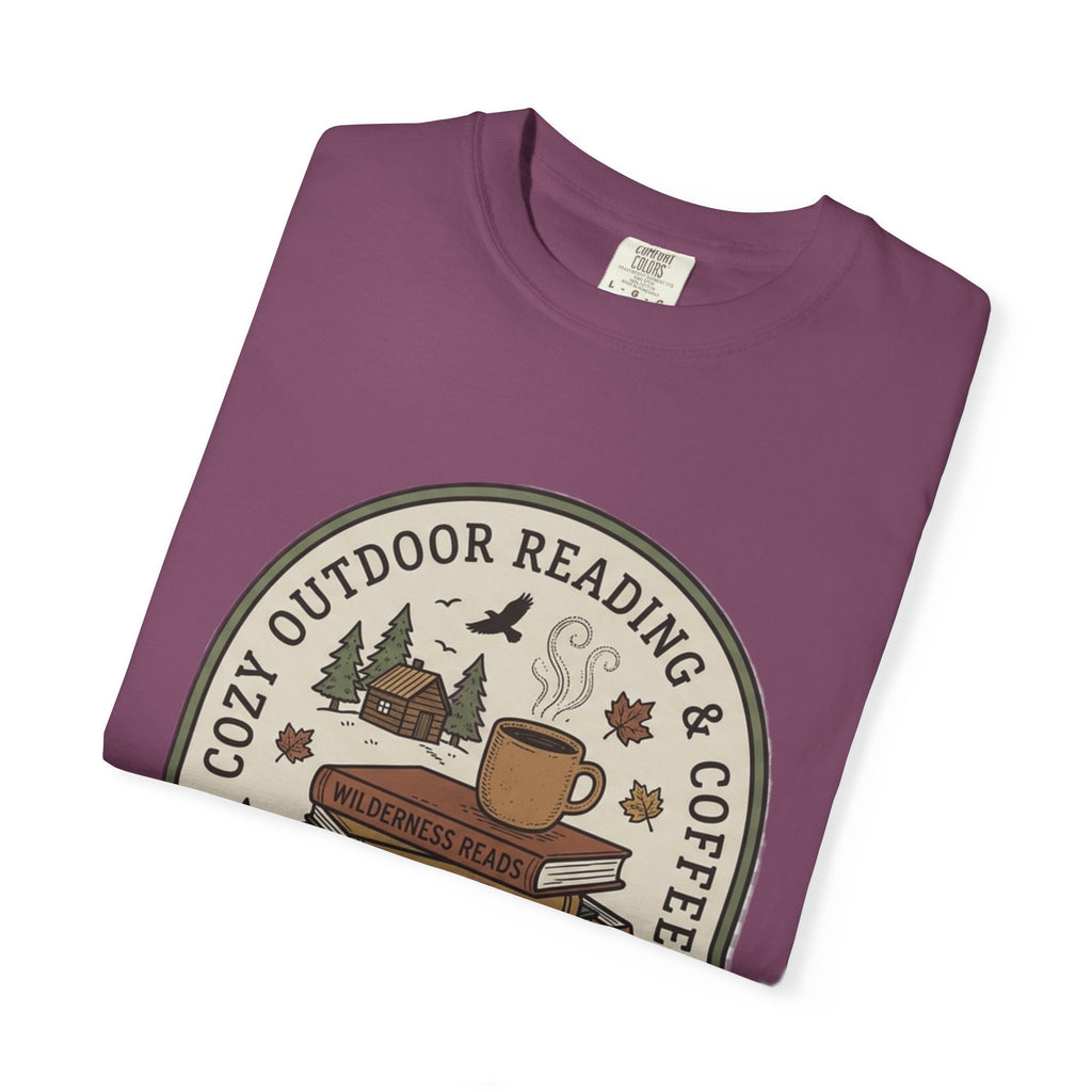 Cozy Outdoor Reading & Coffee T-Shirt — Stack of Books, Mug & Nature Badge