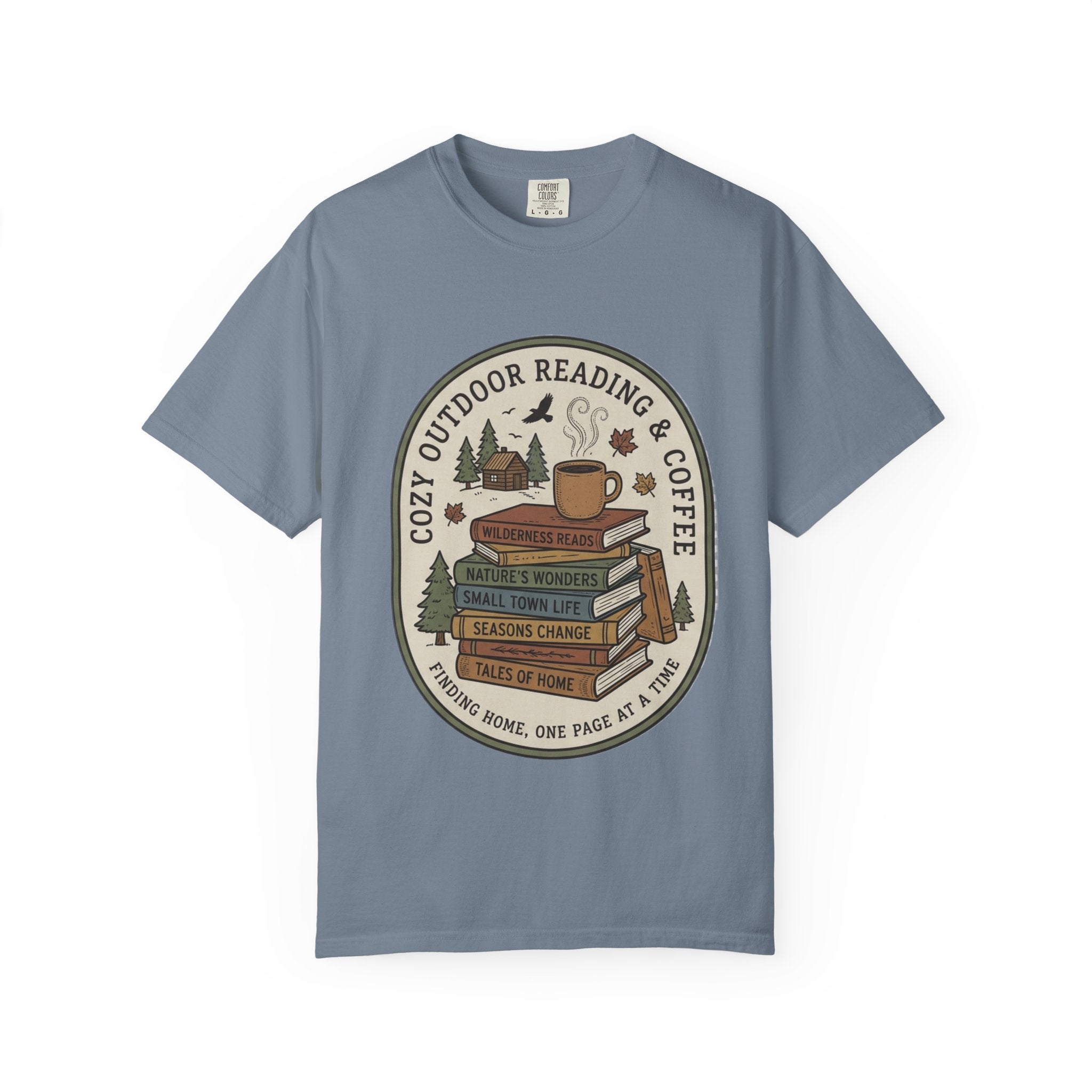 Cozy Outdoor Reading & Coffee T-Shirt — Stack of Books, Mug & Nature Badge