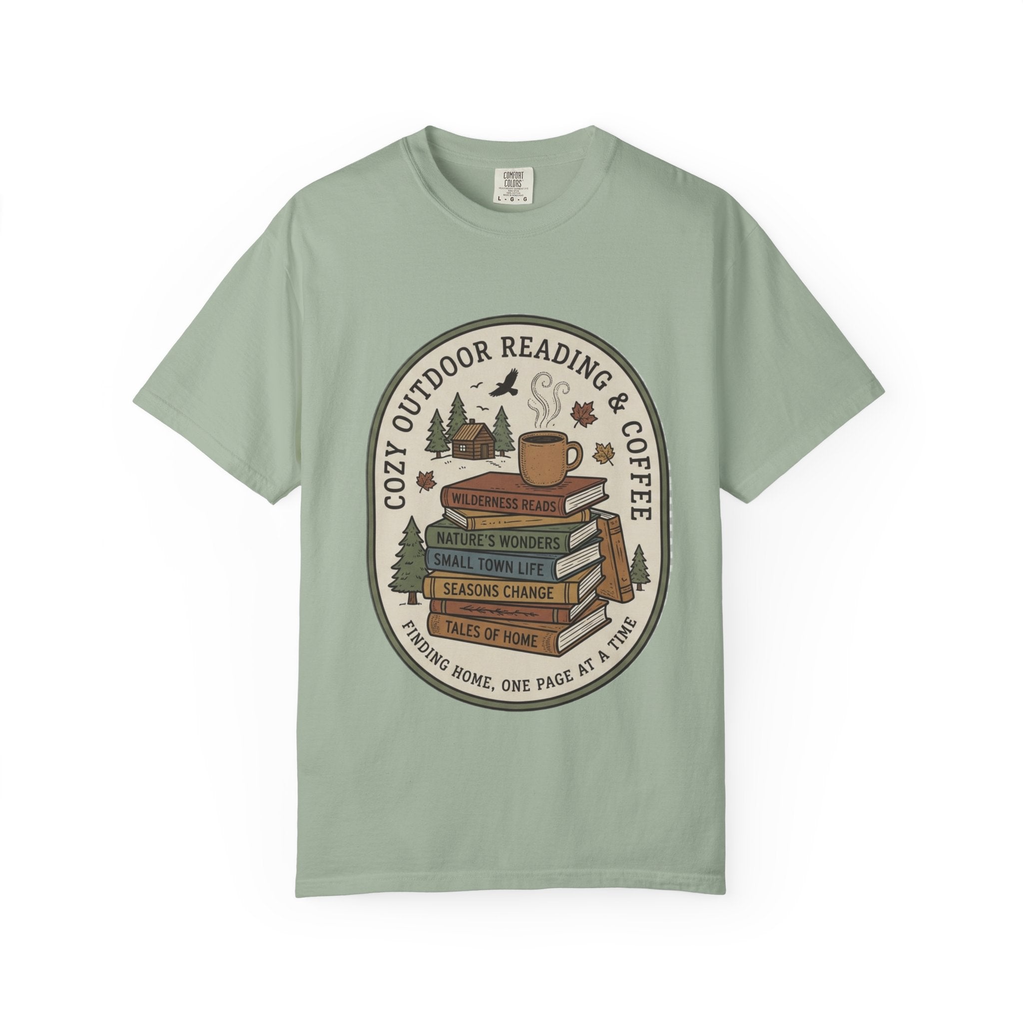 Cozy Outdoor Reading & Coffee T-Shirt — Stack of Books, Mug & Nature Badge