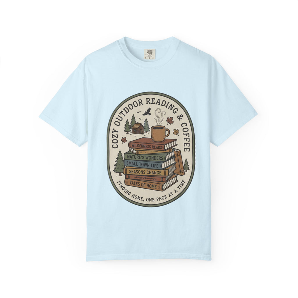 Cozy Outdoor Reading & Coffee T-Shirt — Stack of Books, Mug & Nature Badge
