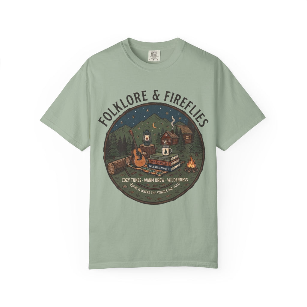 Folklore & Fireflies Camping T-Shirt — Guitar, Campfire & Mountain Night Graphic