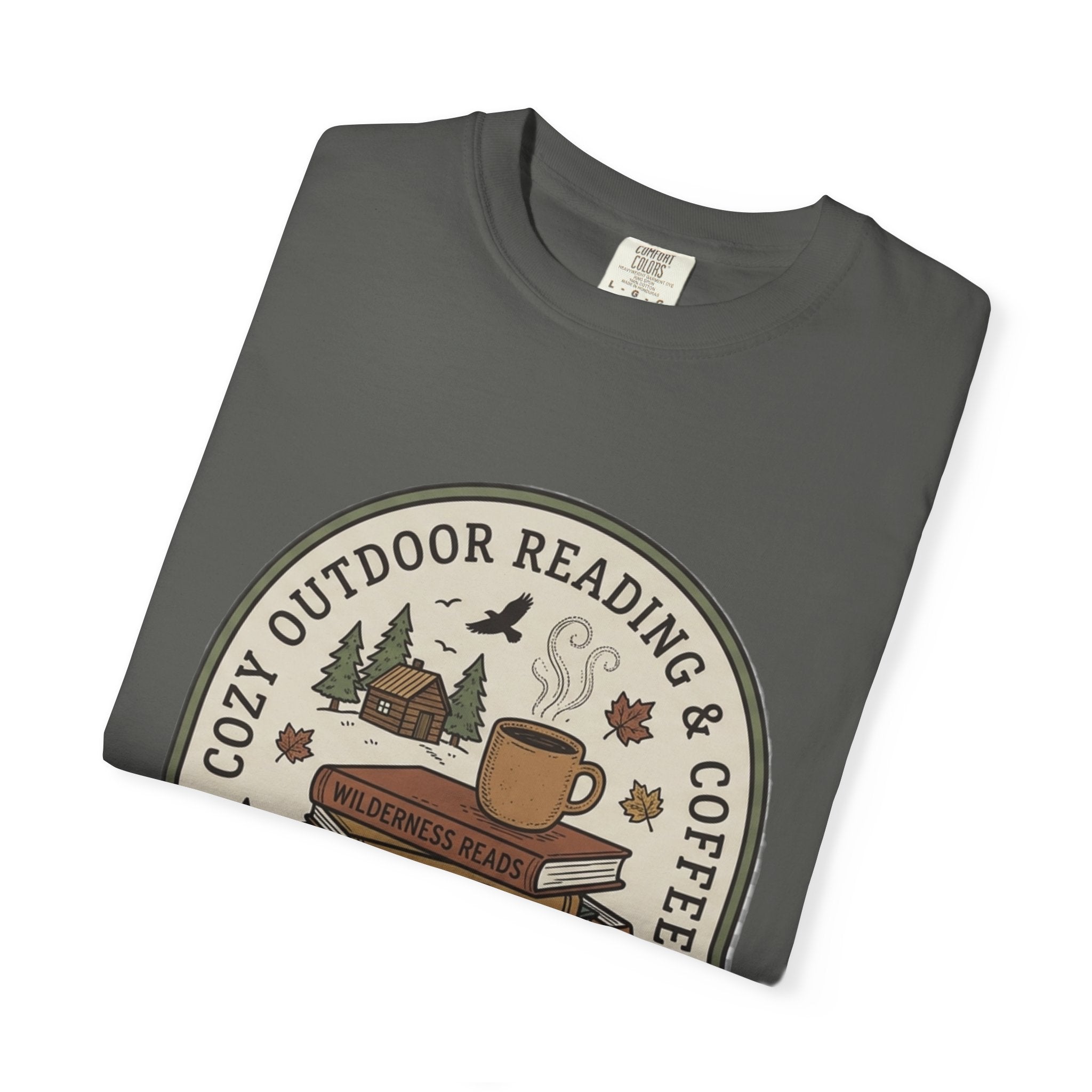 Cozy Outdoor Reading & Coffee T-Shirt — Stack of Books, Mug & Nature Badge