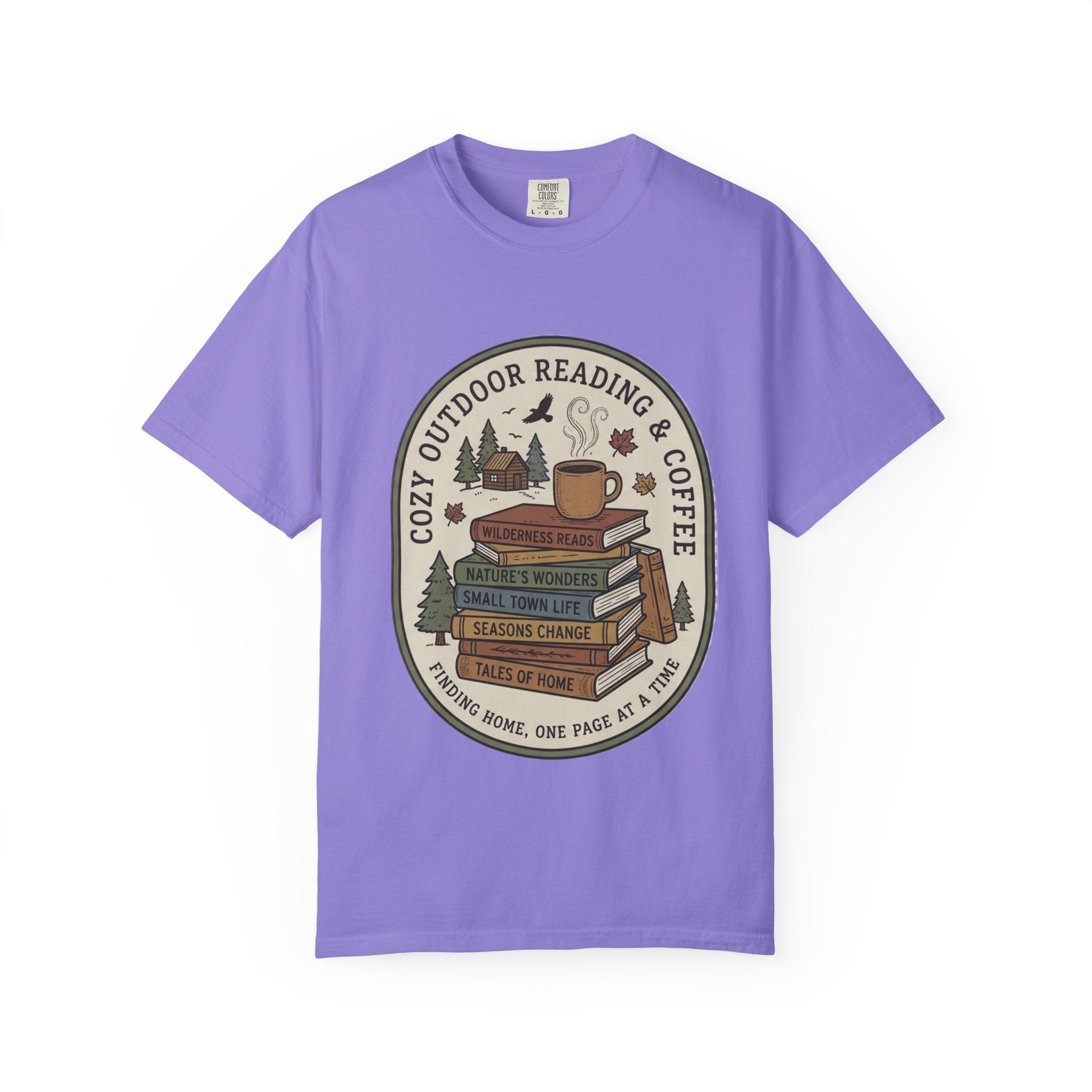 Cozy Outdoor Reading & Coffee T-Shirt — Stack of Books, Mug & Nature Badge
