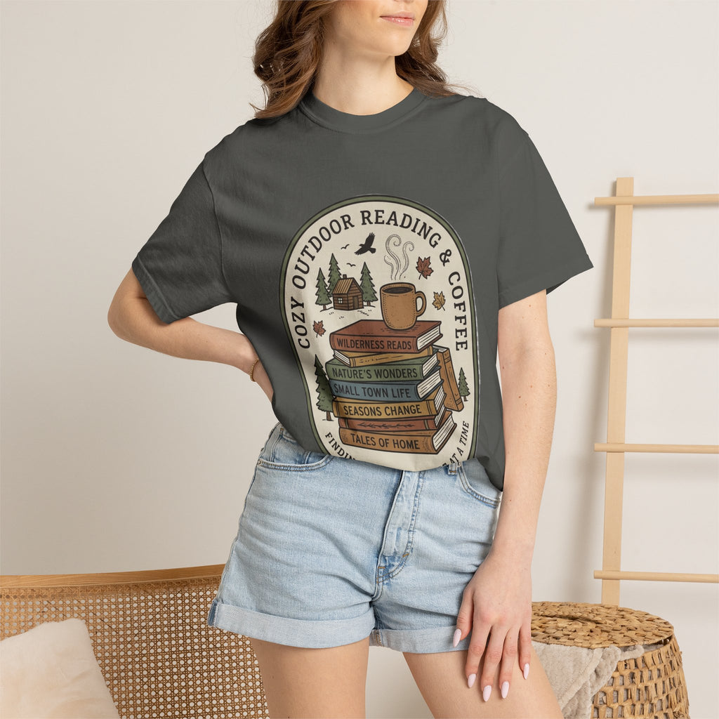 Cozy Outdoor Reading & Coffee T-Shirt — Stack of Books, Mug & Nature Badge