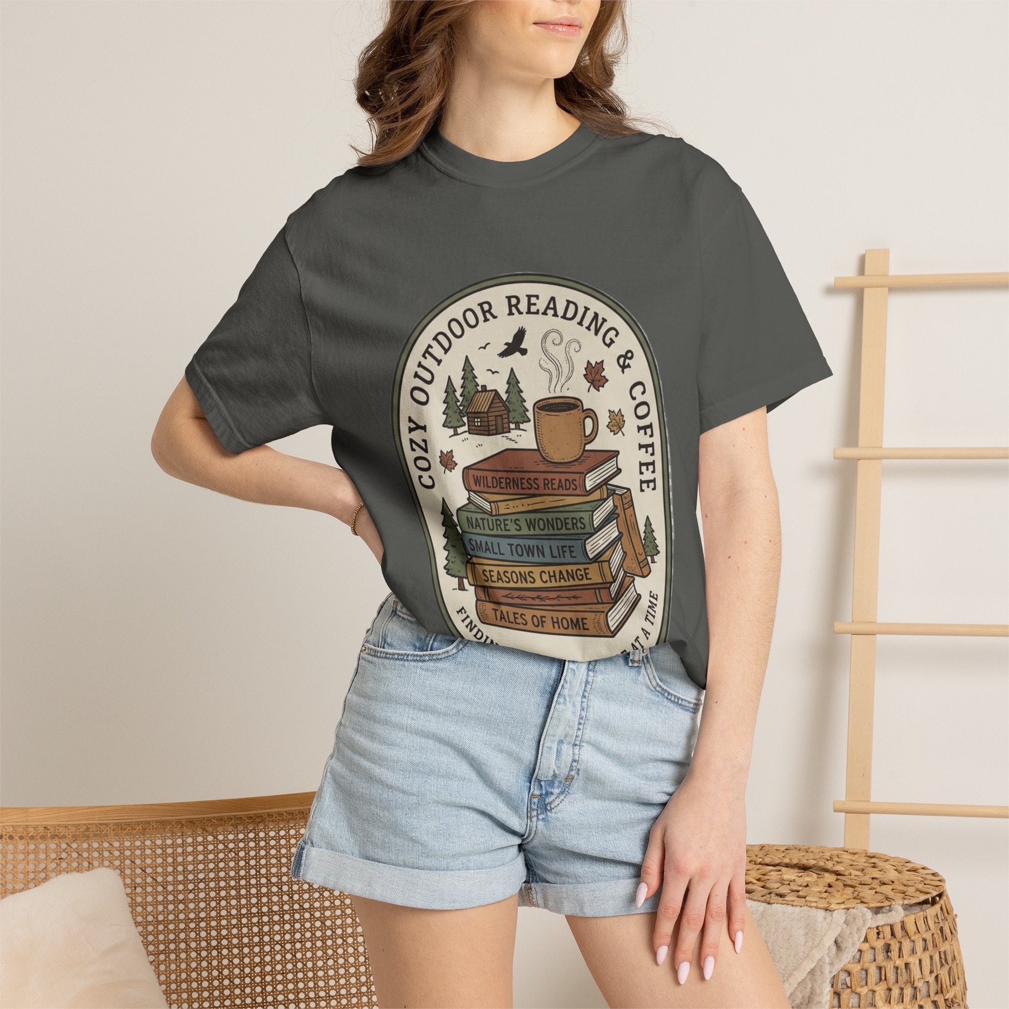 Cozy Outdoor Reading & Coffee T-Shirt — Stack of Books, Mug & Nature Badge