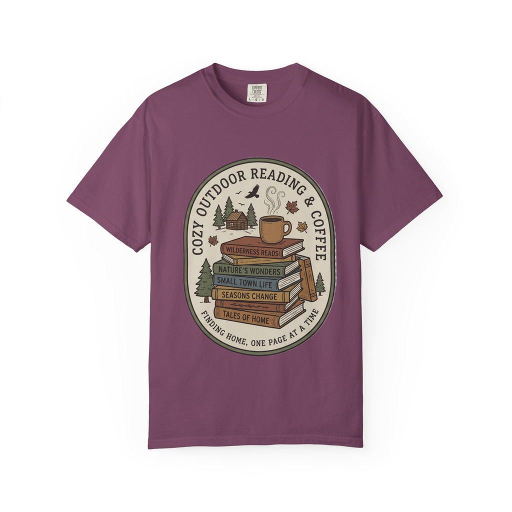 Cozy Outdoor Reading & Coffee T-Shirt — Stack of Books, Mug & Nature Badge