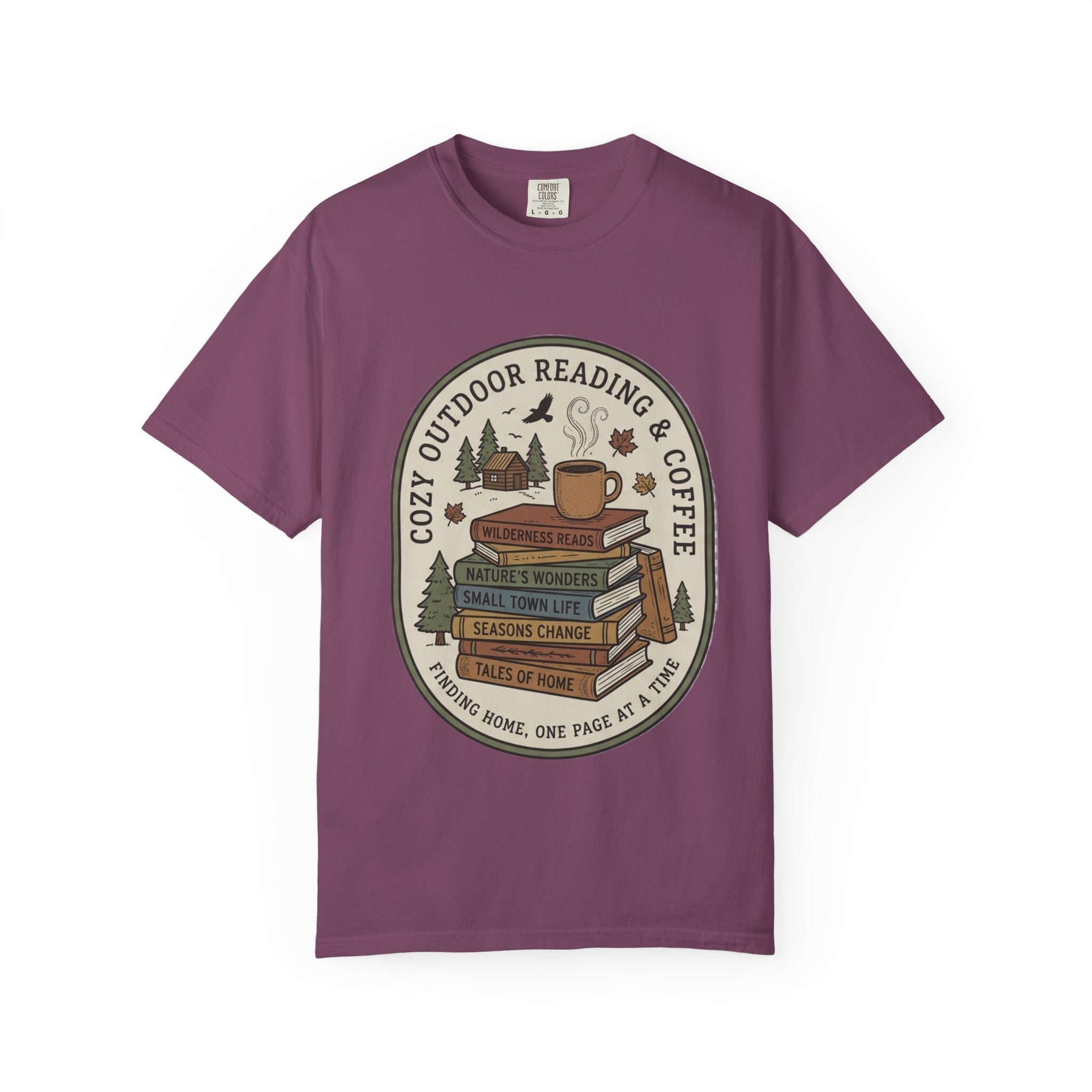 Cozy Outdoor Reading & Coffee T-Shirt — Stack of Books, Mug & Nature Badge