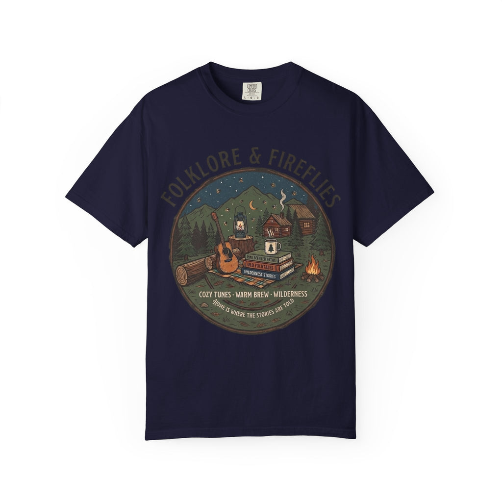 Folklore & Fireflies Camping T-Shirt — Guitar, Campfire & Mountain Night Graphic