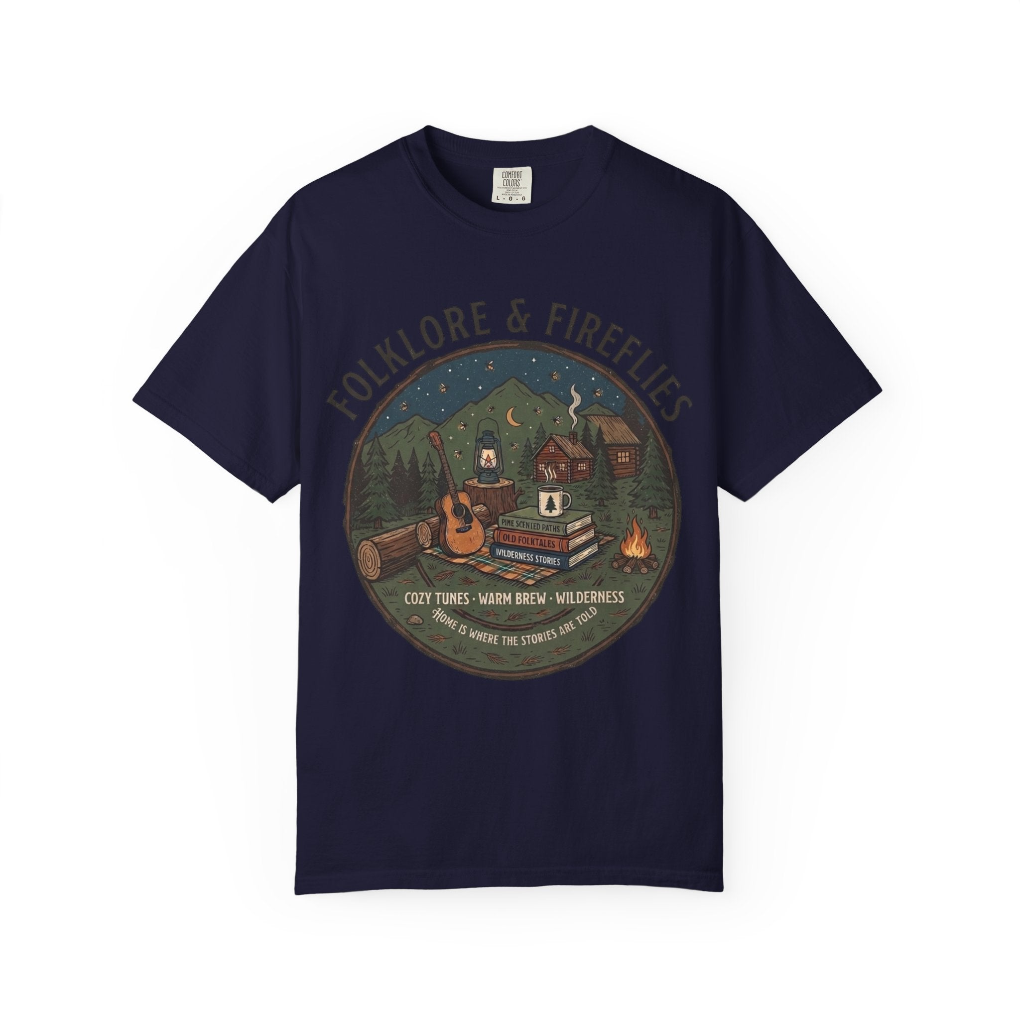 Folklore & Fireflies Camping T-Shirt — Guitar, Campfire & Mountain Night Graphic
