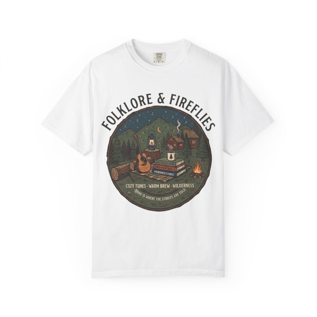 Folklore & Fireflies Camping T-Shirt — Guitar, Campfire & Mountain Night Graphic