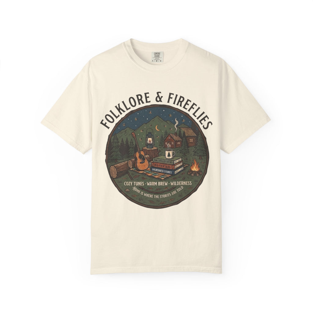 Folklore & Fireflies Camping T-Shirt — Guitar, Campfire & Mountain Night Graphic