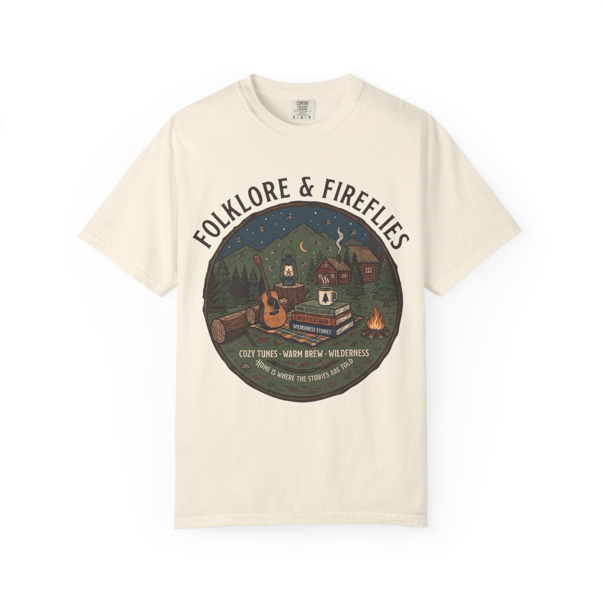 Folklore & Fireflies Camping T-Shirt — Guitar, Campfire & Mountain Night Graphic