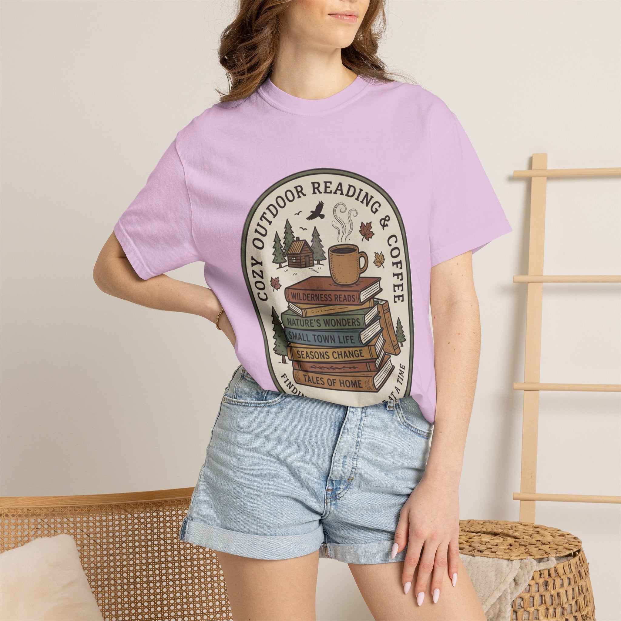 Cozy Outdoor Reading & Coffee T-Shirt — Stack of Books, Mug & Nature Badge