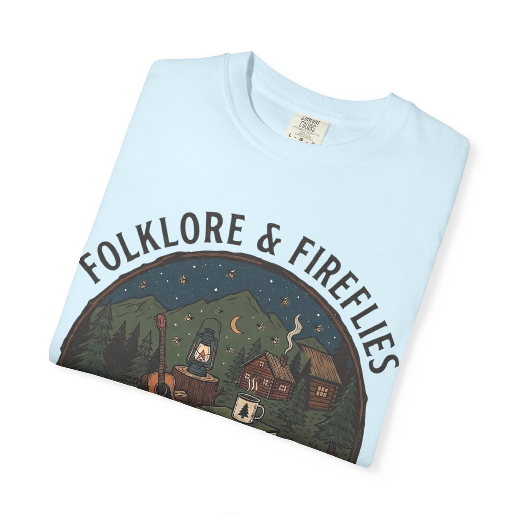 Folklore & Fireflies Camping T-Shirt — Guitar, Campfire & Mountain Night Graphic