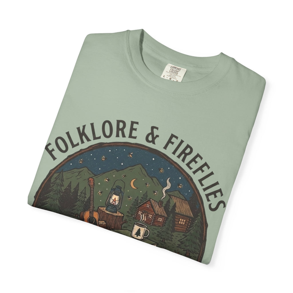 Folklore & Fireflies Camping T-Shirt — Guitar, Campfire & Mountain Night Graphic