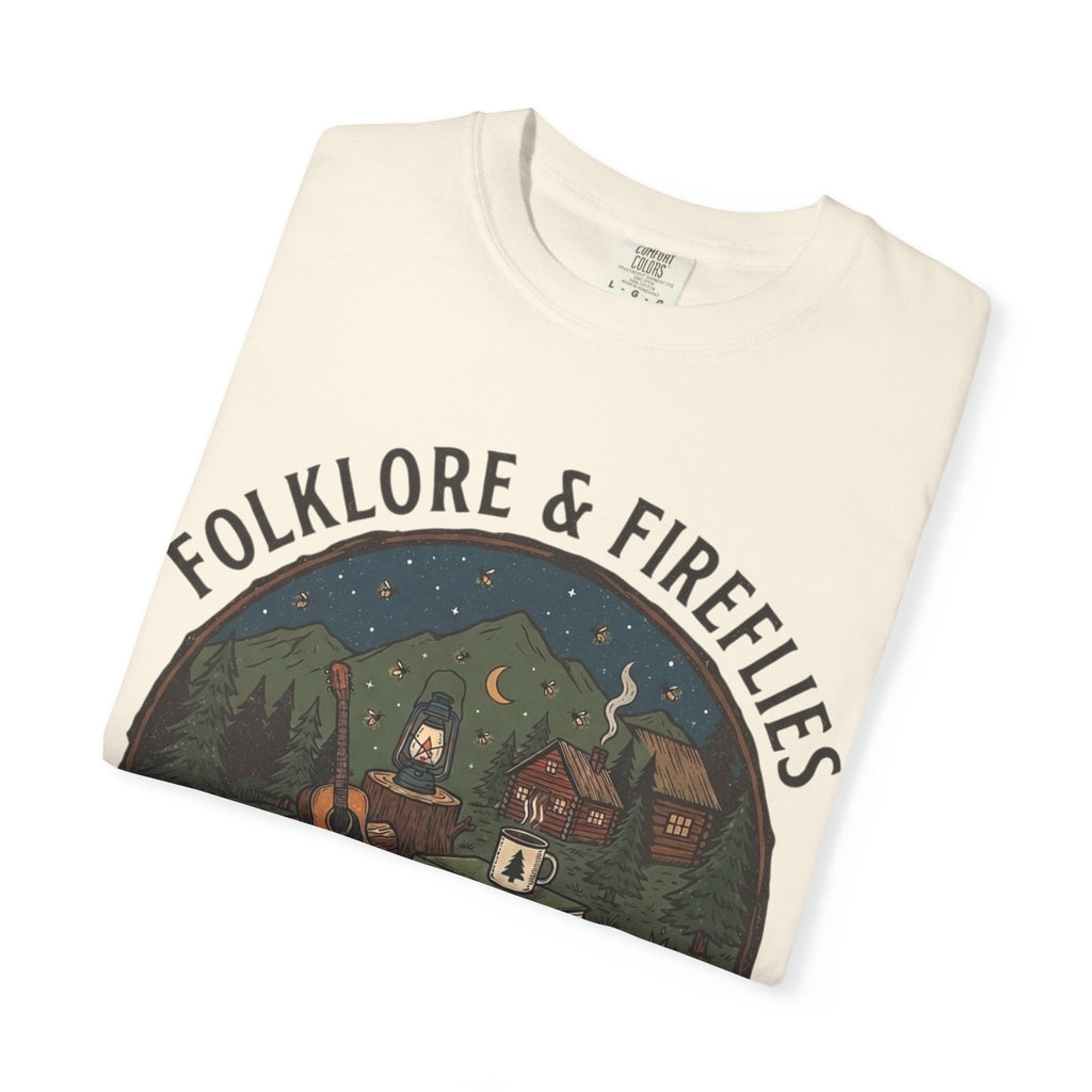 Folklore & Fireflies Camping T-Shirt — Guitar, Campfire & Mountain Night Graphic