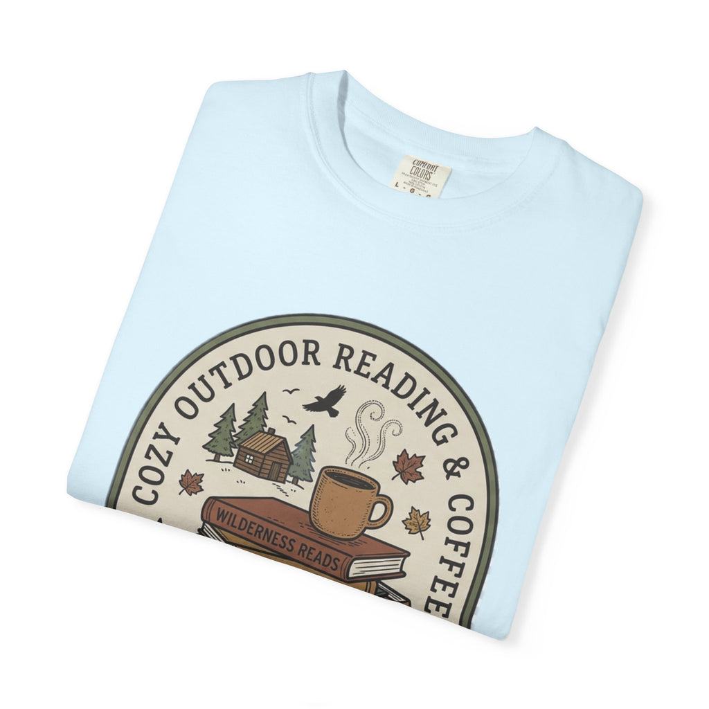 Cozy Outdoor Reading & Coffee T-Shirt — Stack of Books, Mug & Nature Badge