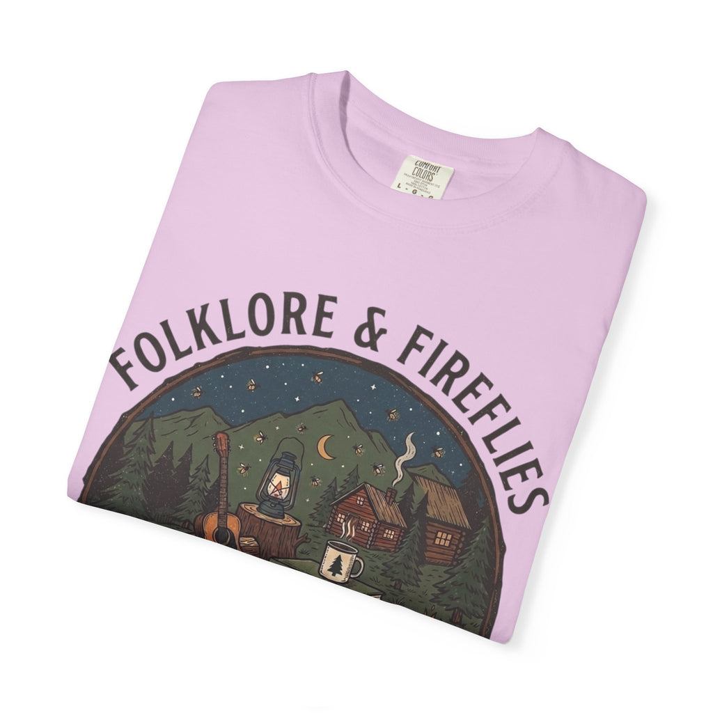 Folklore & Fireflies Camping T-Shirt — Guitar, Campfire & Mountain Night Graphic