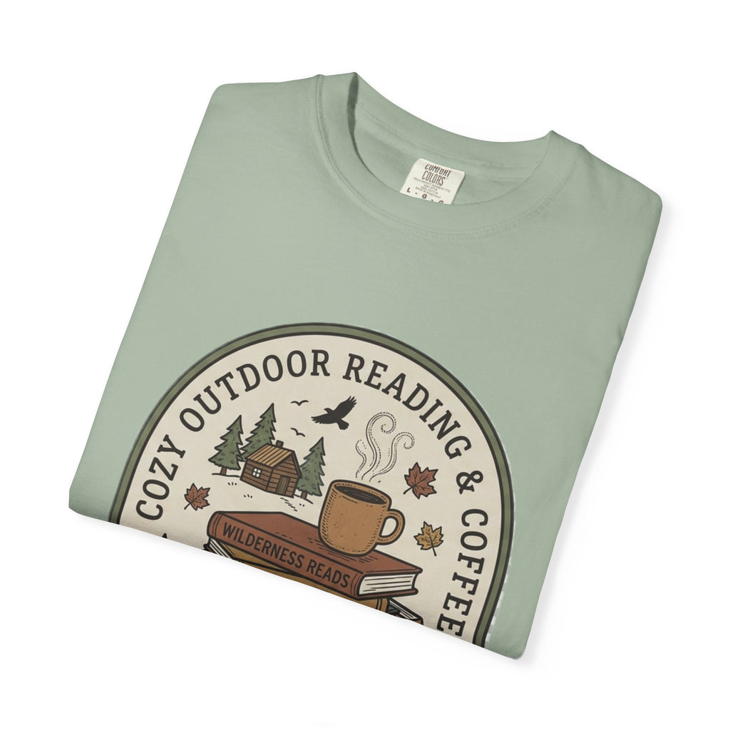 Cozy Outdoor Reading & Coffee T-Shirt — Stack of Books, Mug & Nature Badge