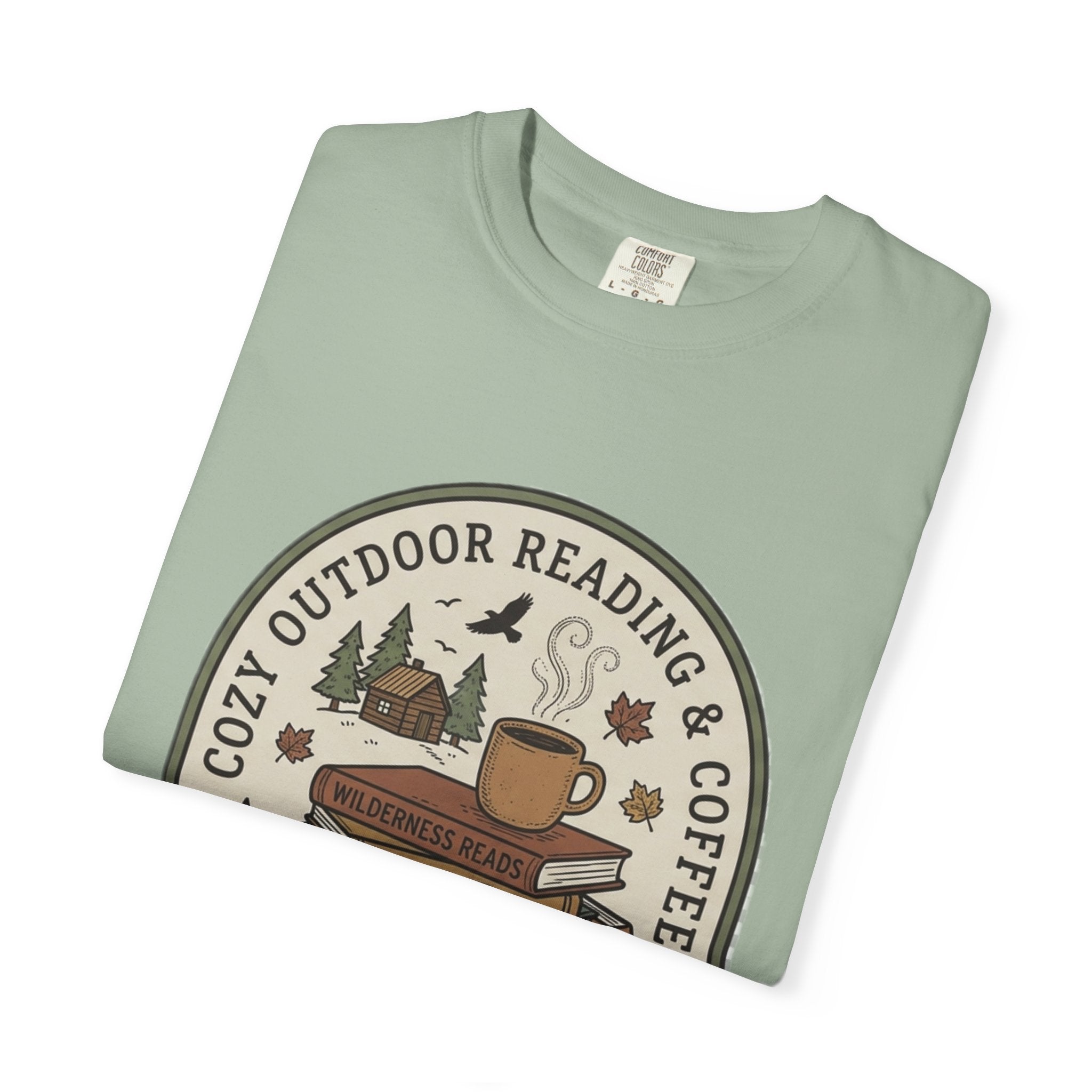 Cozy Outdoor Reading & Coffee T-Shirt — Stack of Books, Mug & Nature Badge