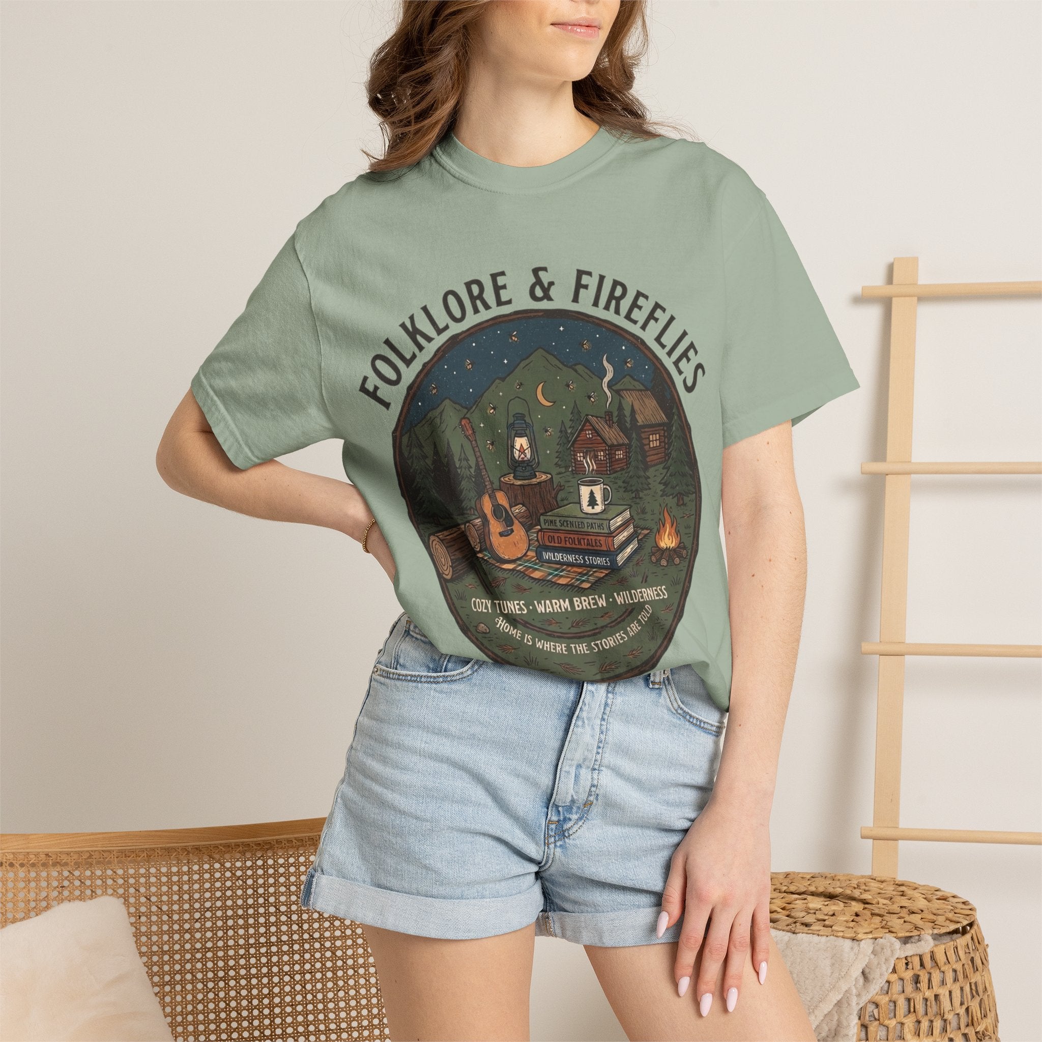 Folklore & Fireflies Camping T-Shirt — Guitar, Campfire & Mountain Night Graphic