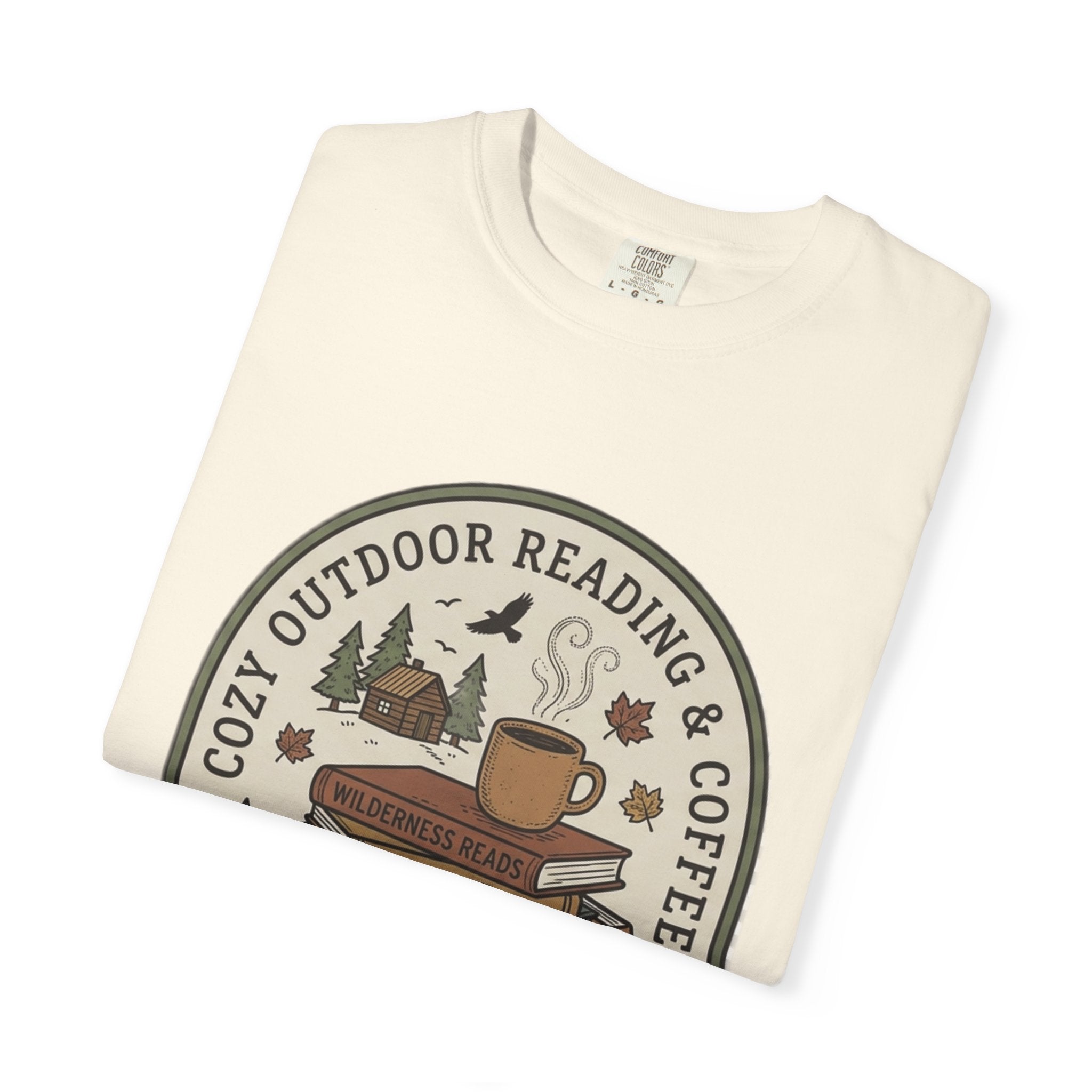 Cozy Outdoor Reading & Coffee T-Shirt — Stack of Books, Mug & Nature Badge