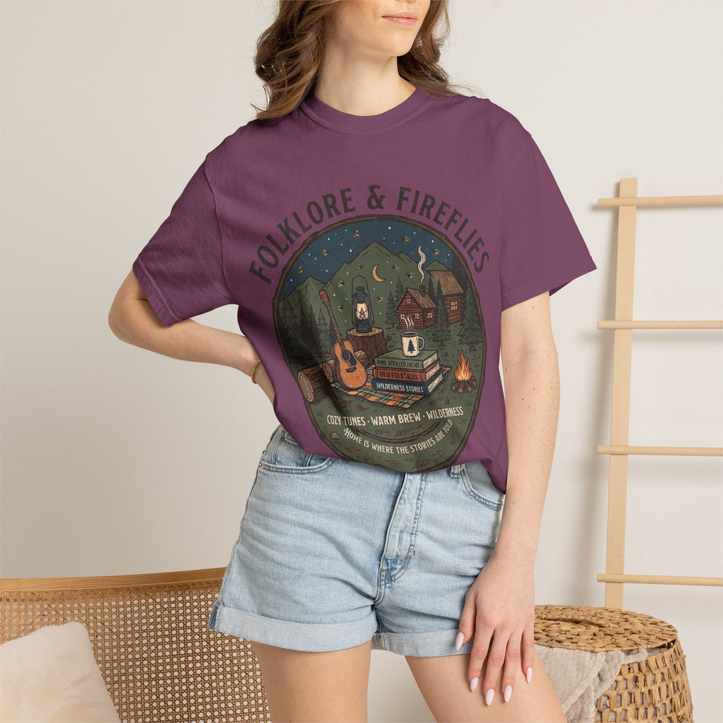 Folklore & Fireflies Camping T-Shirt — Guitar, Campfire & Mountain Night Graphic