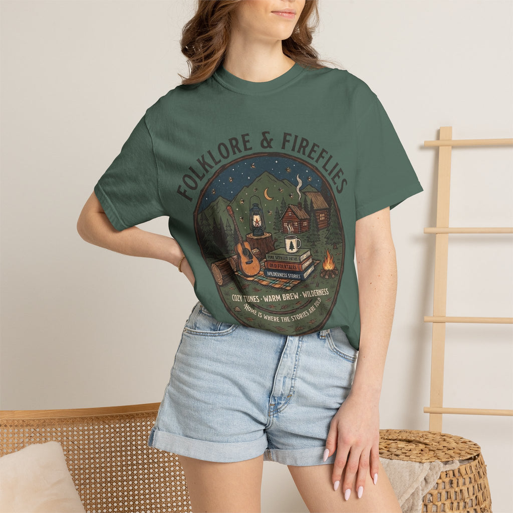 Folklore & Fireflies Camping T-Shirt — Guitar, Campfire & Mountain Night Graphic