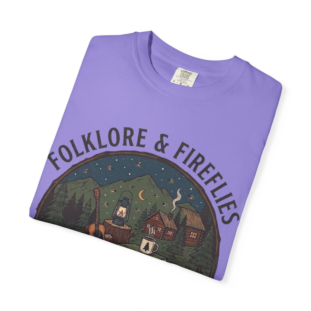 Folklore & Fireflies Camping T-Shirt — Guitar, Campfire & Mountain Night Graphic