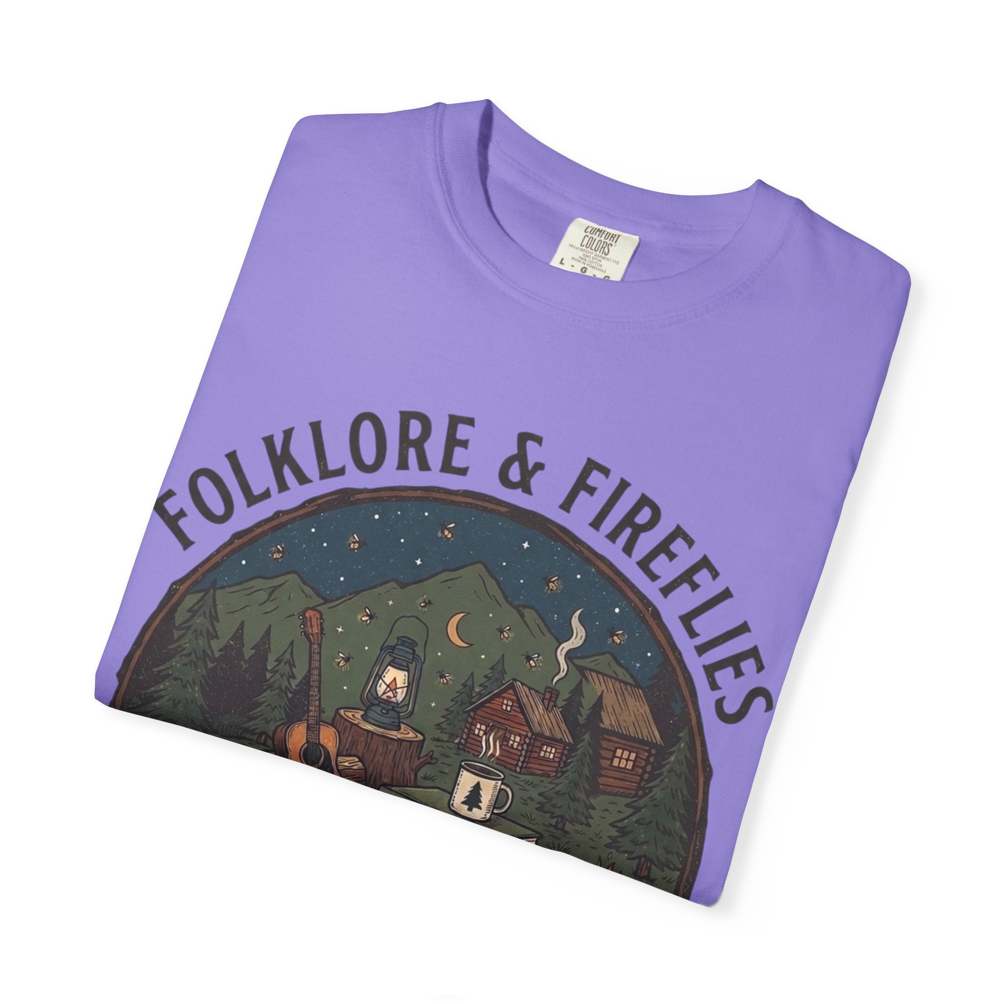 Folklore & Fireflies Camping T-Shirt — Guitar, Campfire & Mountain Night Graphic