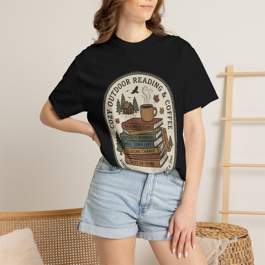 Cozy Outdoor Reading & Coffee T-Shirt — Stack of Books, Mug & Nature Badge
