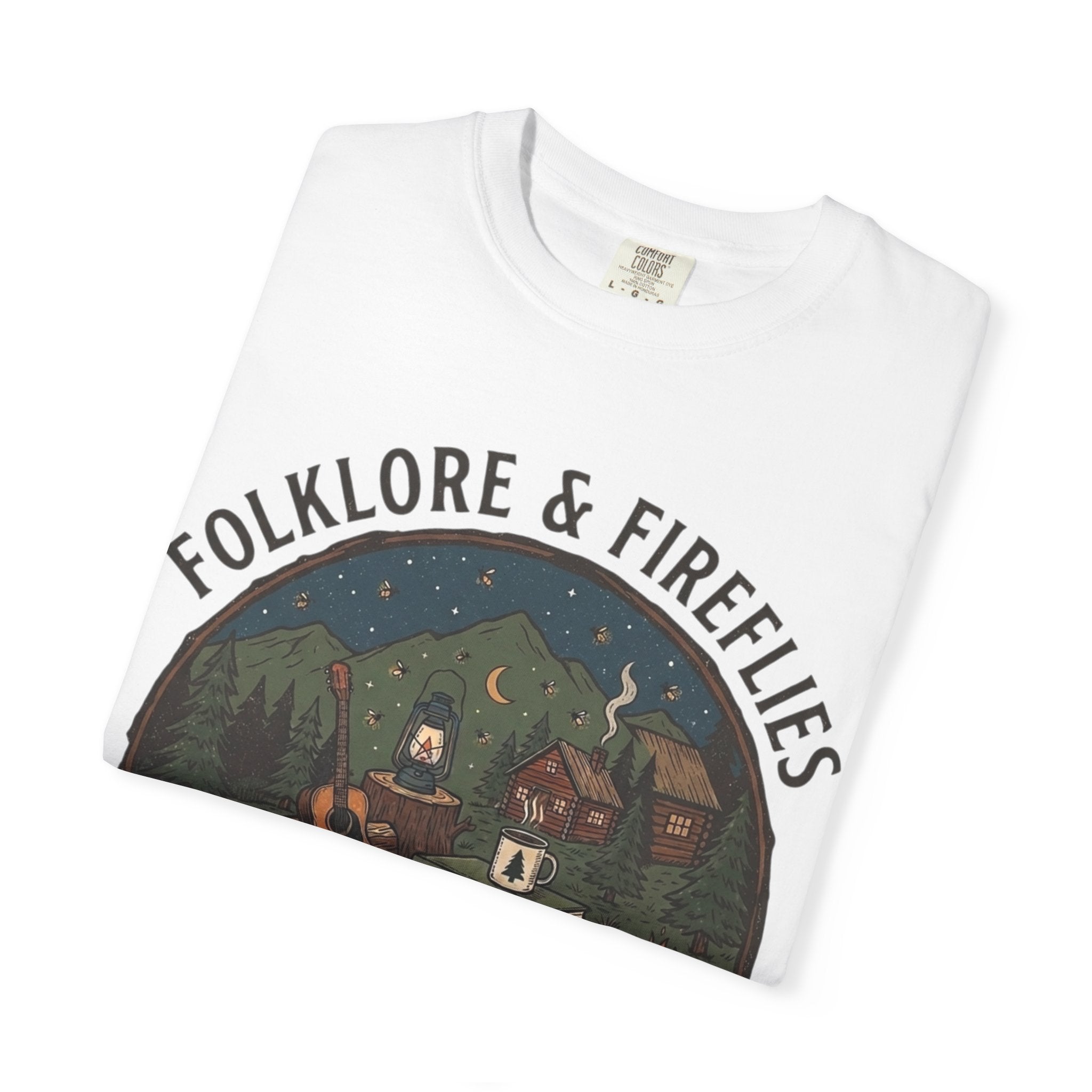 Folklore & Fireflies Camping T-Shirt — Guitar, Campfire & Mountain Night Graphic