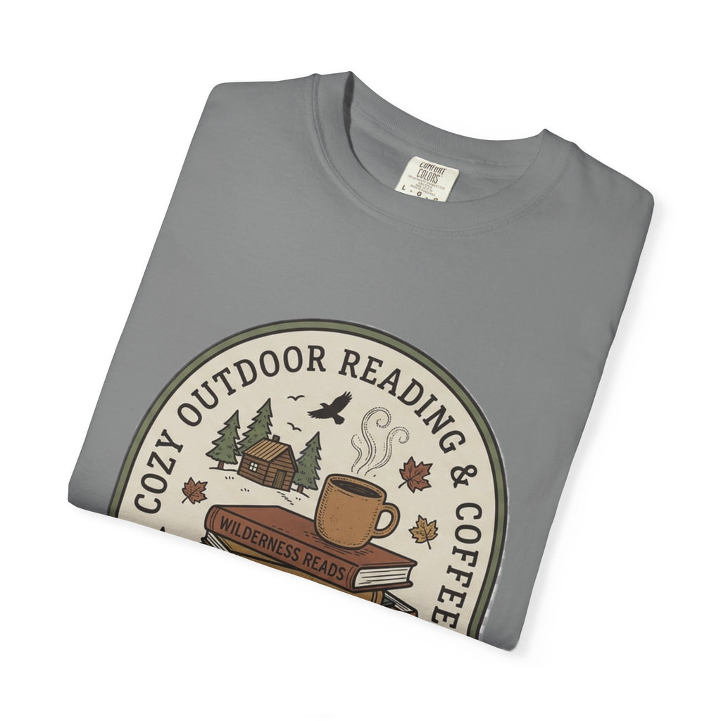 Cozy Outdoor Reading & Coffee T-Shirt — Stack of Books, Mug & Nature Badge