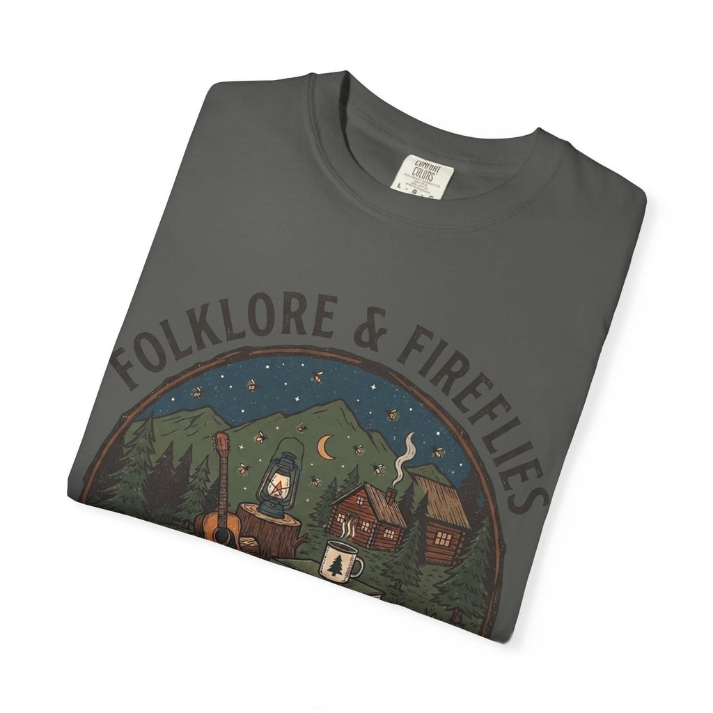 Folklore & Fireflies Camping T-Shirt — Guitar, Campfire & Mountain Night Graphic