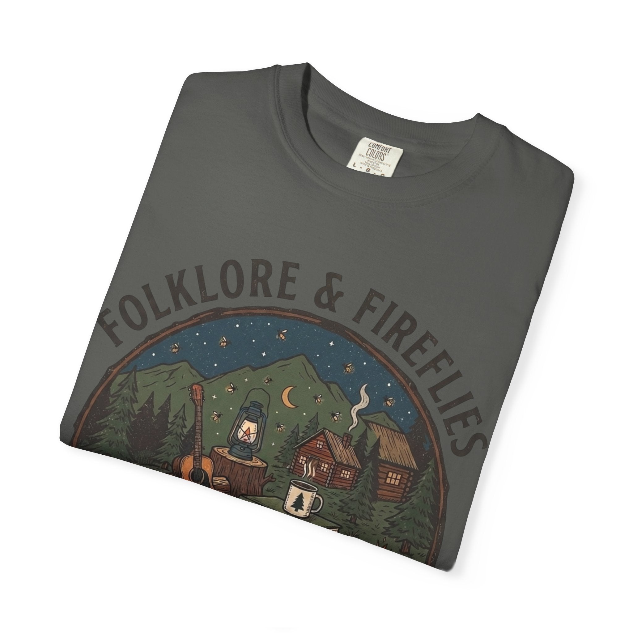 Folklore & Fireflies Camping T-Shirt — Guitar, Campfire & Mountain Night Graphic