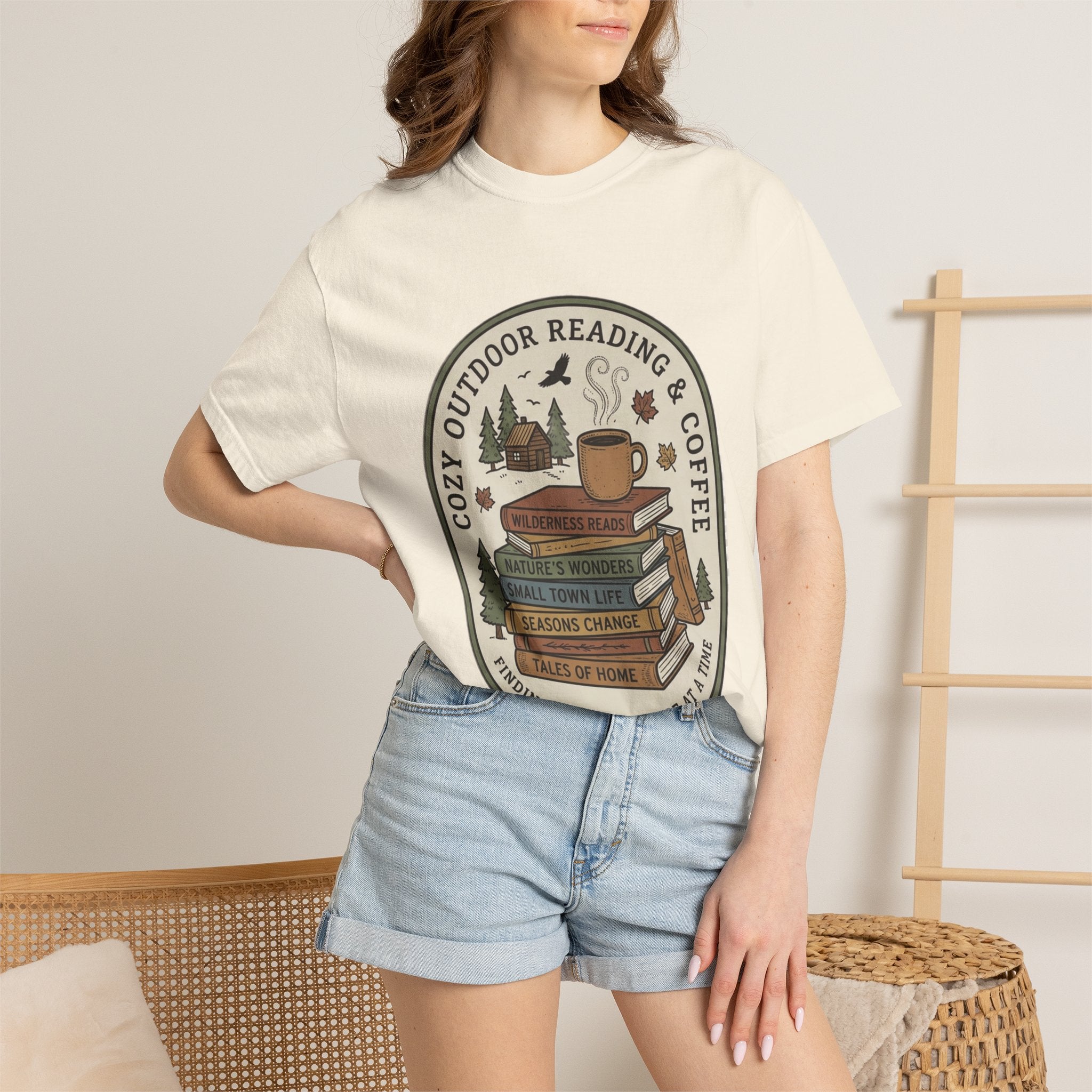 Cozy Outdoor Reading & Coffee T-Shirt — Stack of Books, Mug & Nature Badge
