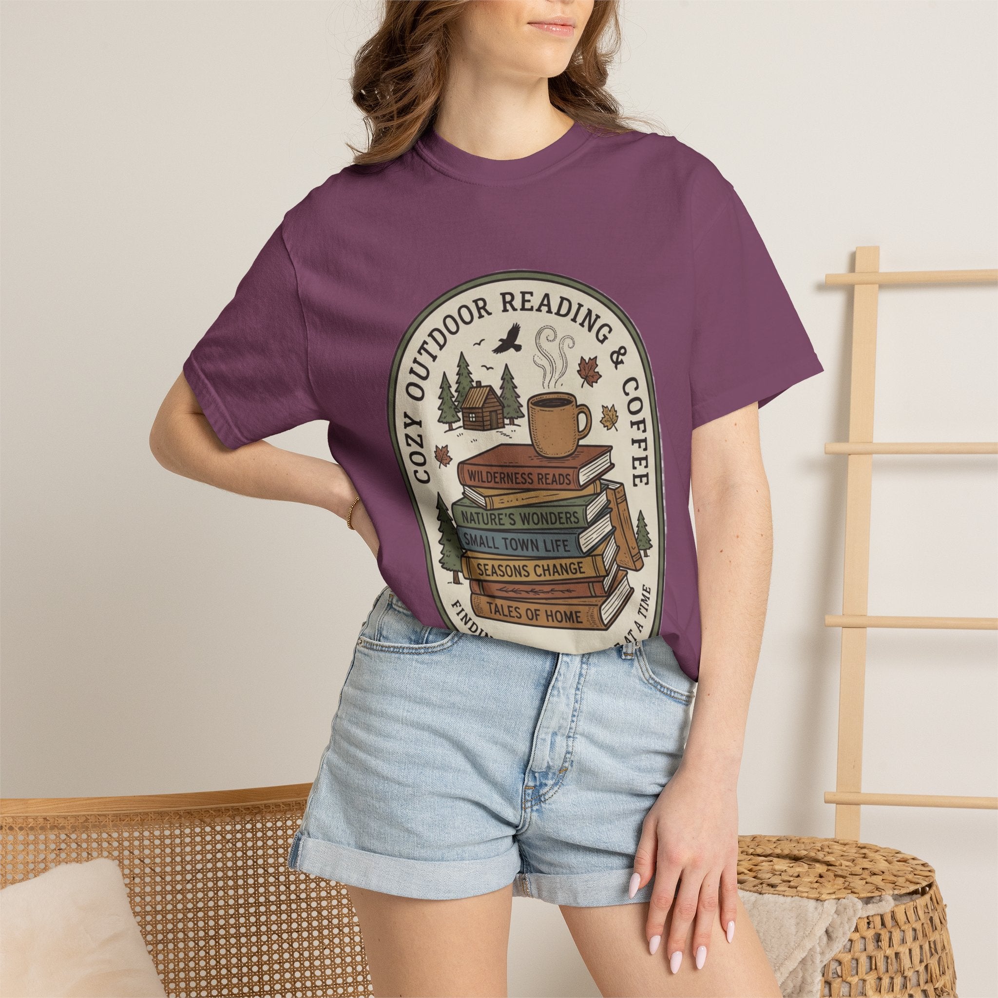 Cozy Outdoor Reading & Coffee T-Shirt — Stack of Books, Mug & Nature Badge
