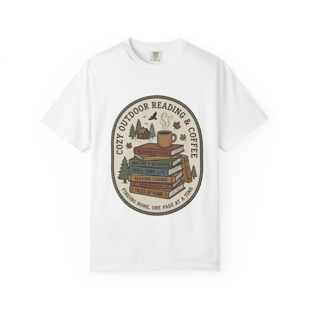 Cozy Outdoor Reading & Coffee T-Shirt — Stack of Books, Mug & Nature Badge