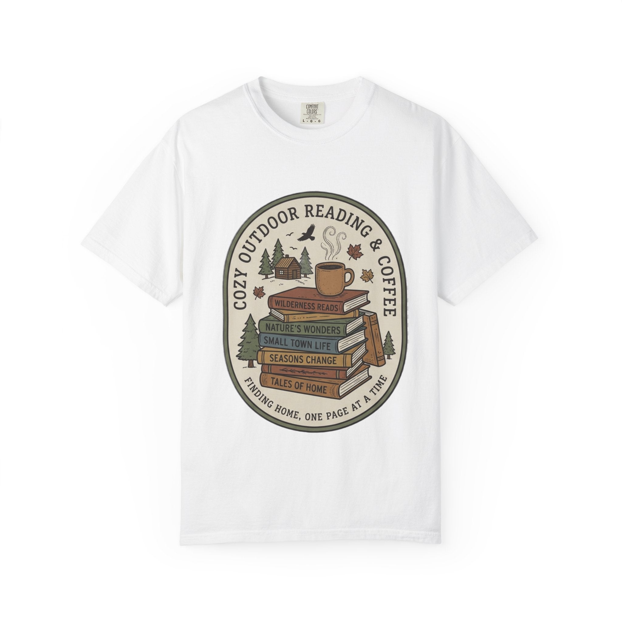 Cozy Outdoor Reading & Coffee T-Shirt — Stack of Books, Mug & Nature Badge